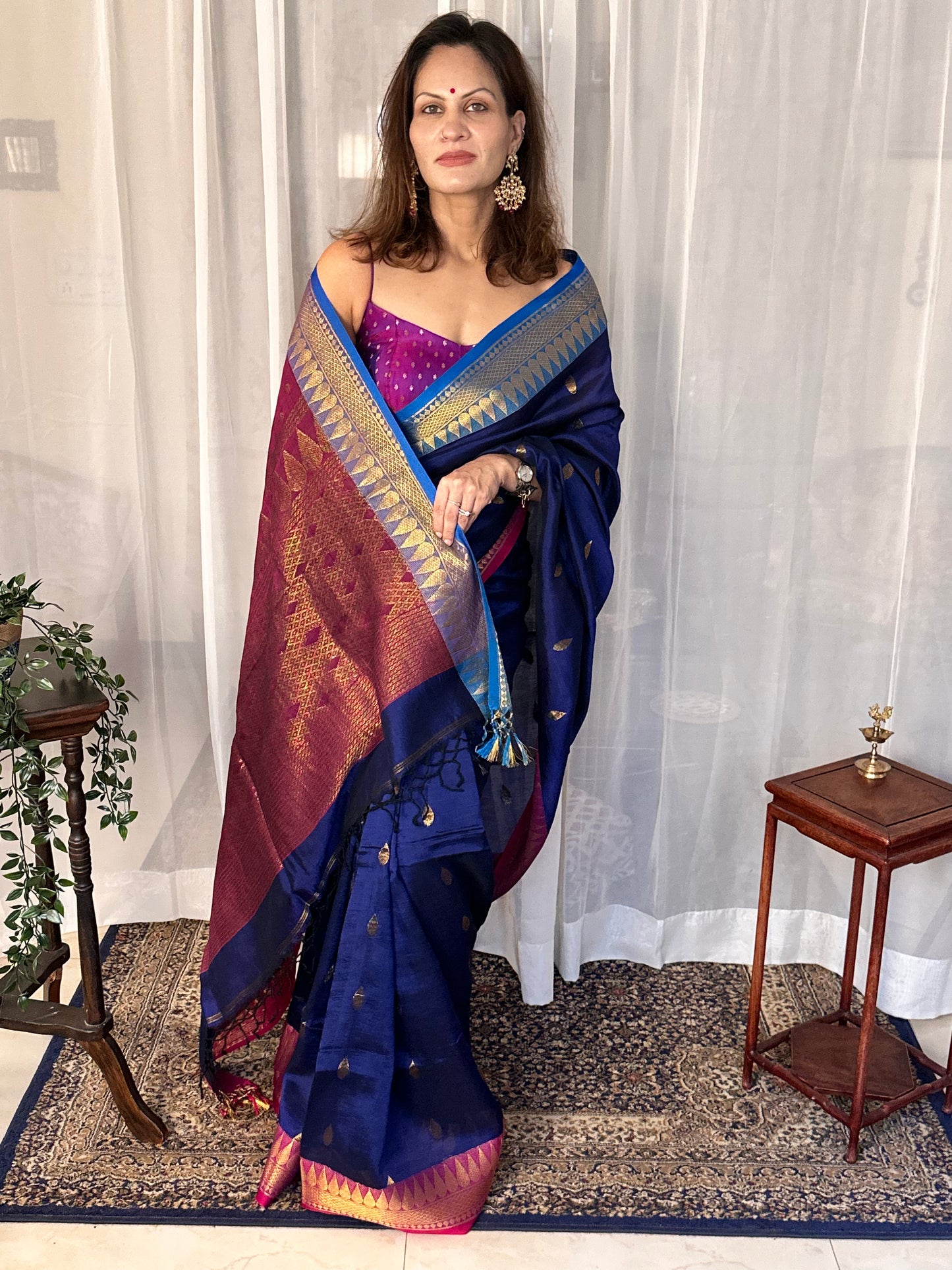 Blue Pure Katan Silk and Cotton Banarasi Sari with Zari Work