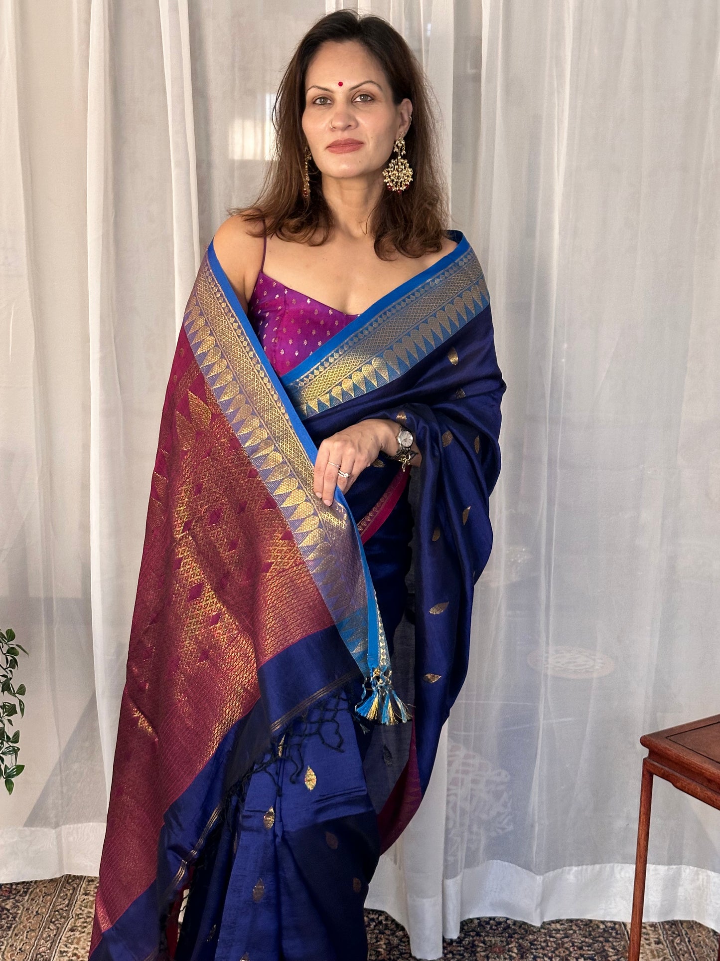 Blue Pure Katan Silk and Cotton Banarasi Sari with Zari Work