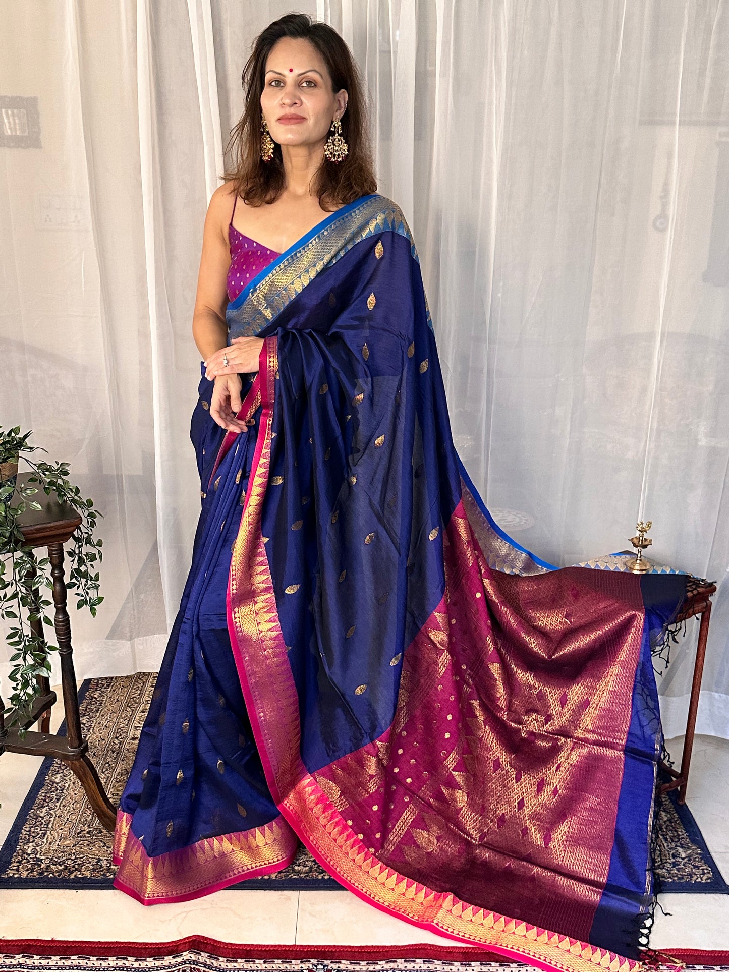 Blue Pure Katan Silk and Cotton Banarasi Sari with Zari Work