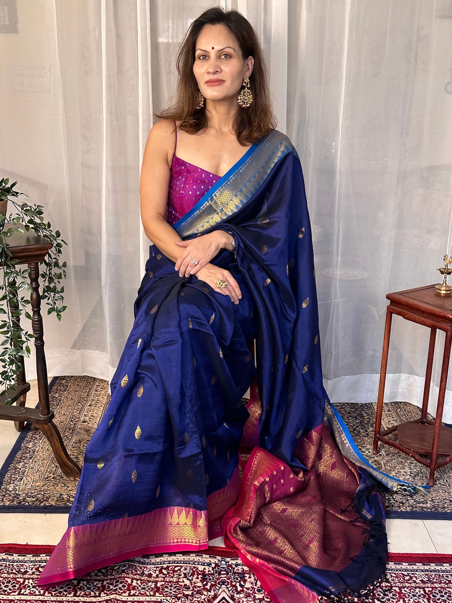 Blue Pure Katan Silk and Cotton Banarasi Sari with Zari Work