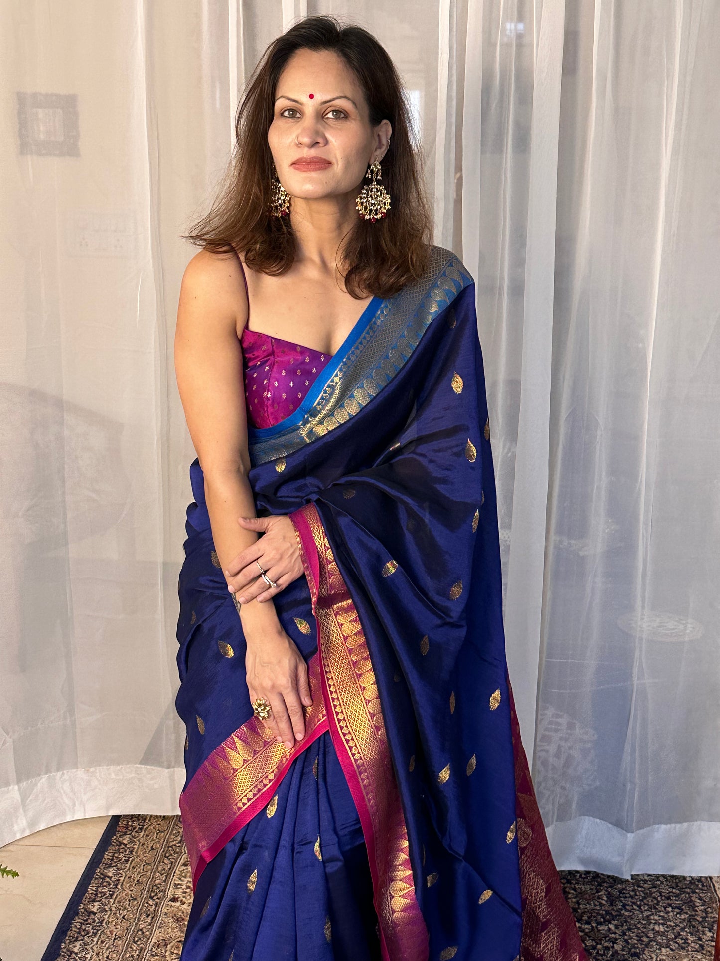 Blue Pure Katan Silk and Cotton Banarasi Sari with Zari Work