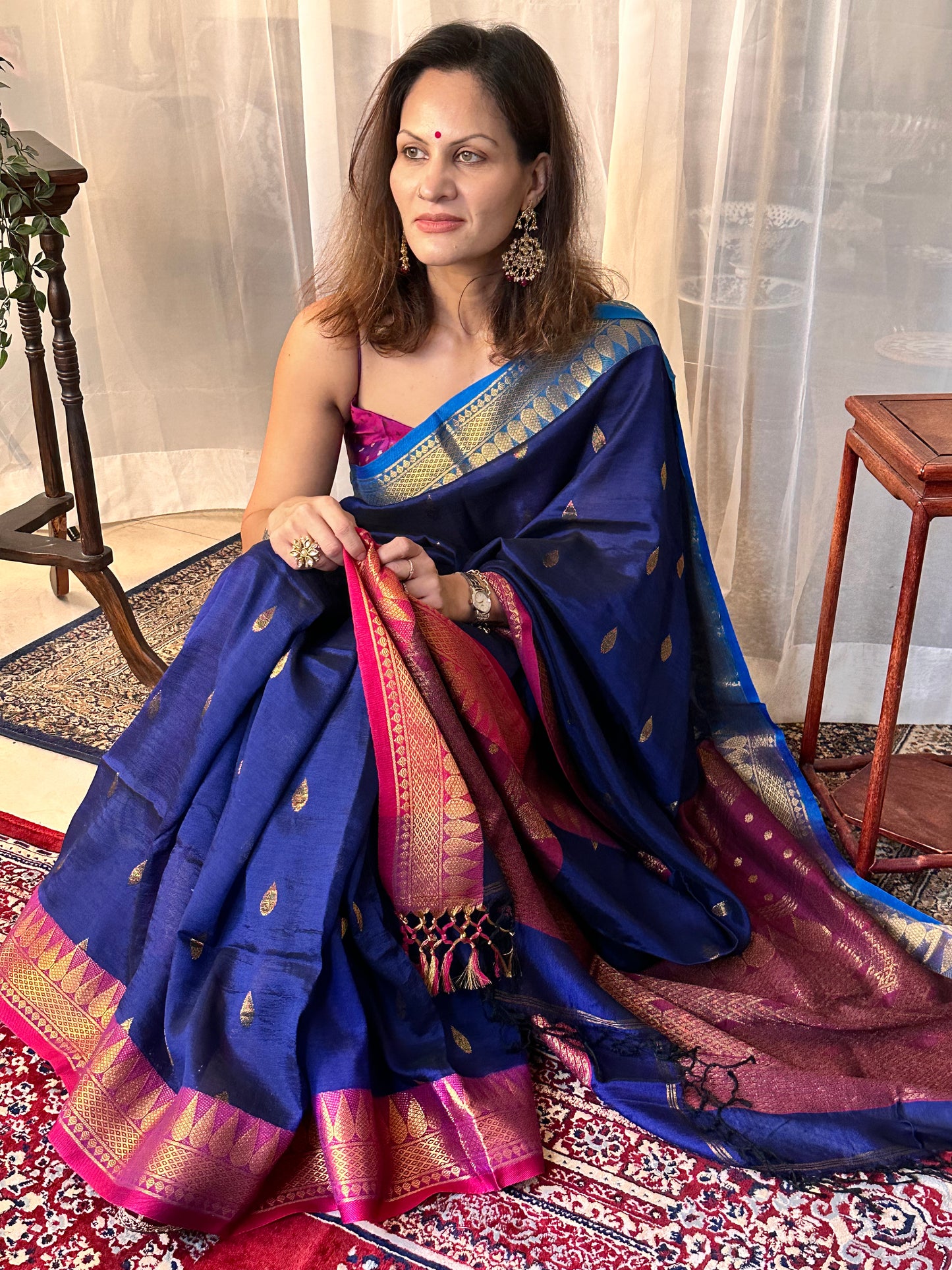 Blue Pure Katan Silk and Cotton Banarasi Sari with Zari Work