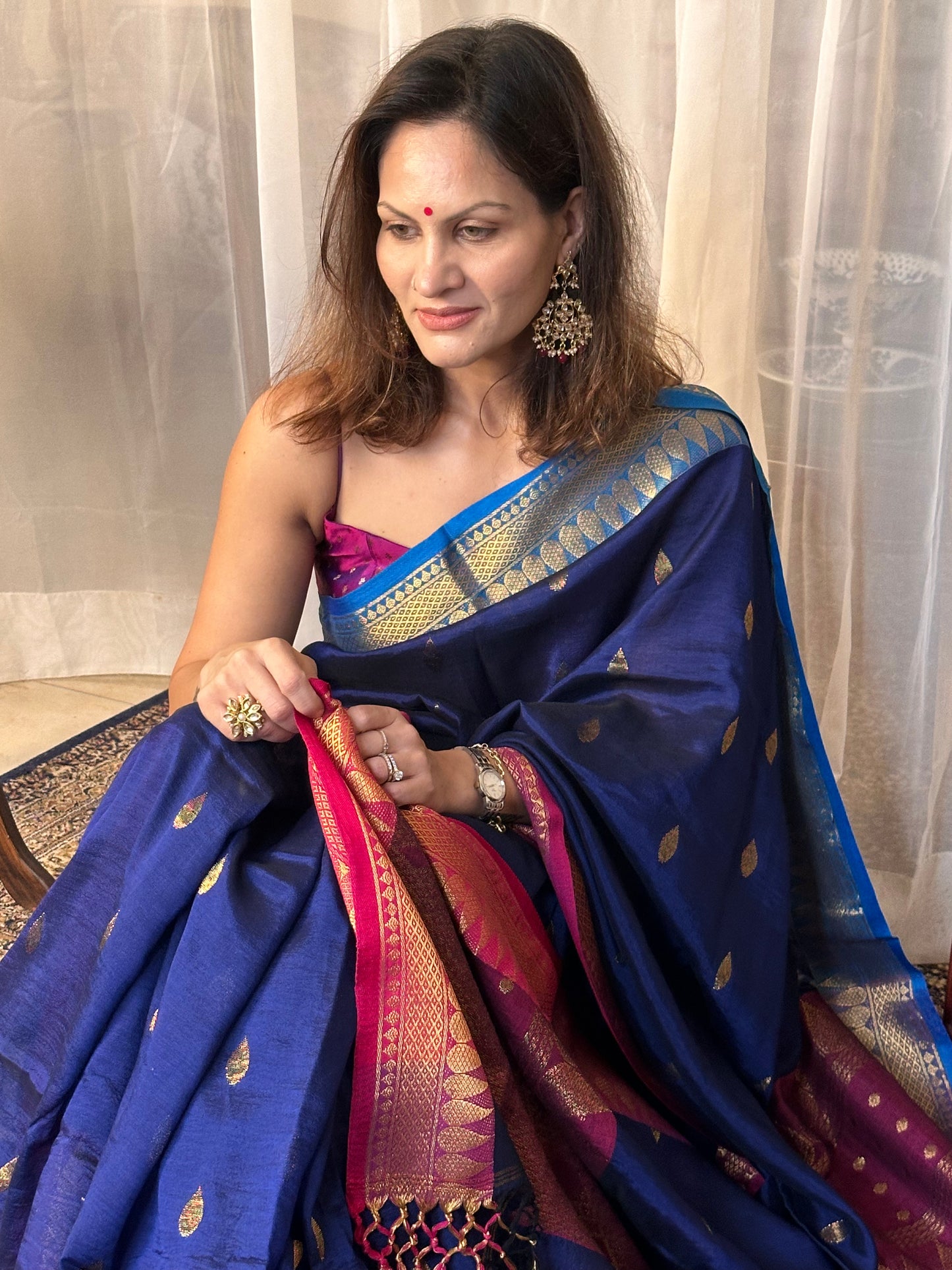 Blue Pure Katan Silk and Cotton Banarasi Sari with Zari Work