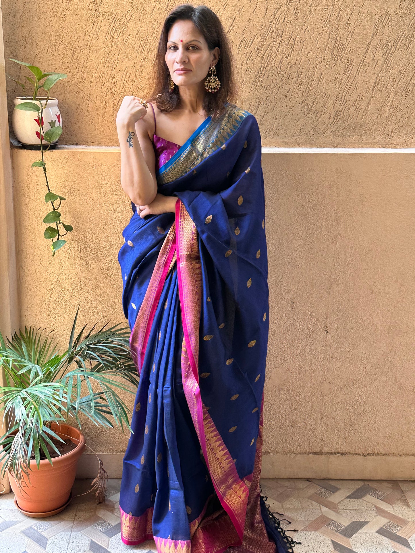 Blue Pure Katan Silk and Cotton Banarasi Sari with Zari Work