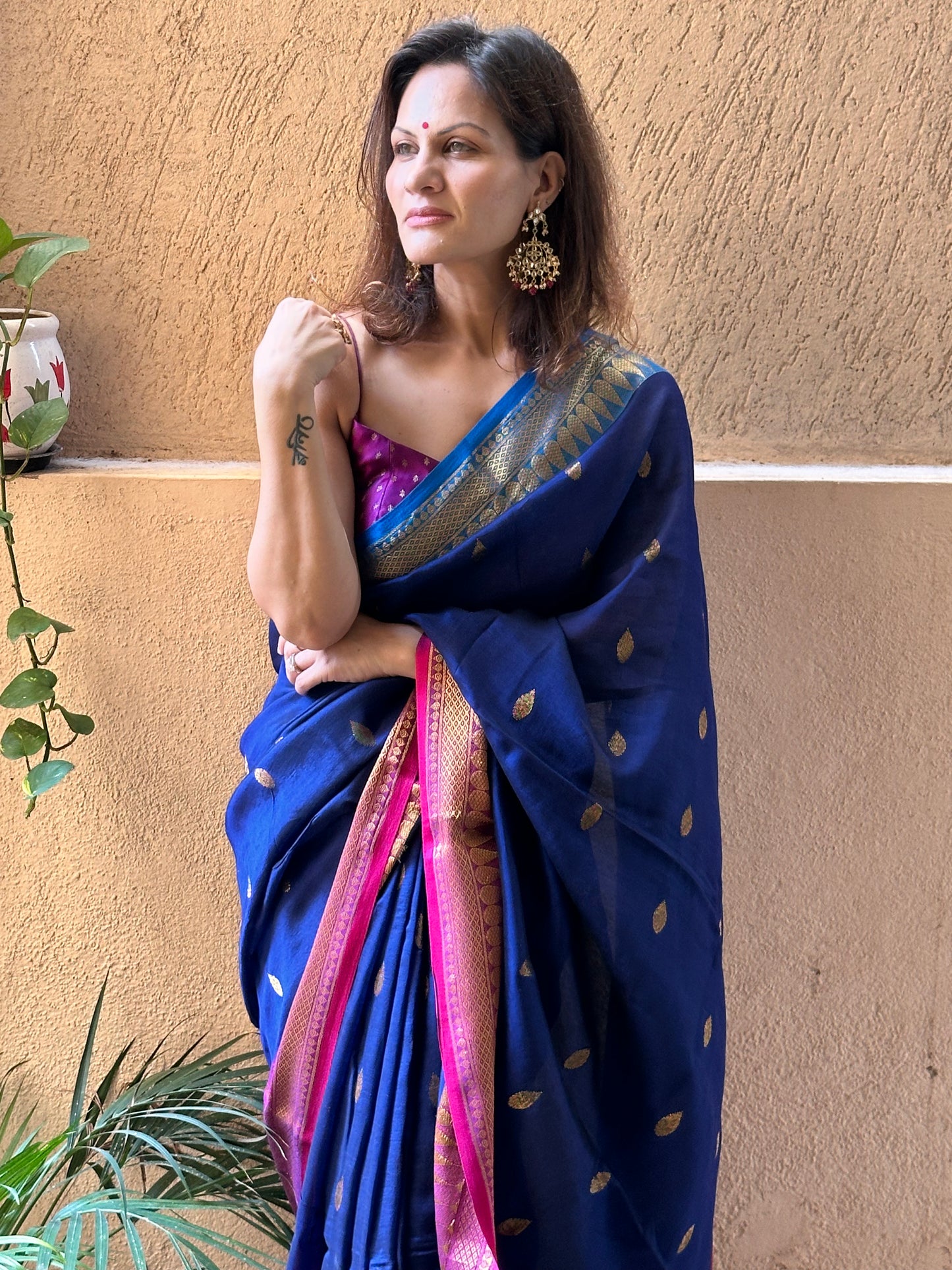 Blue Pure Katan Silk and Cotton Banarasi Sari with Zari Work