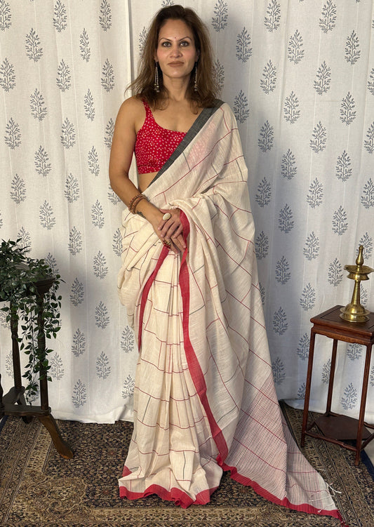 Cream Handloom Soft Pure Khaadi Sari with Checks and Lines