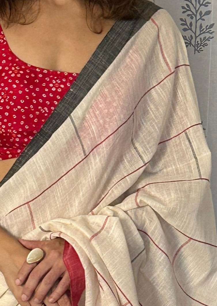 Cream Handloom Soft Pure Khaadi Sari with Checks and Lines