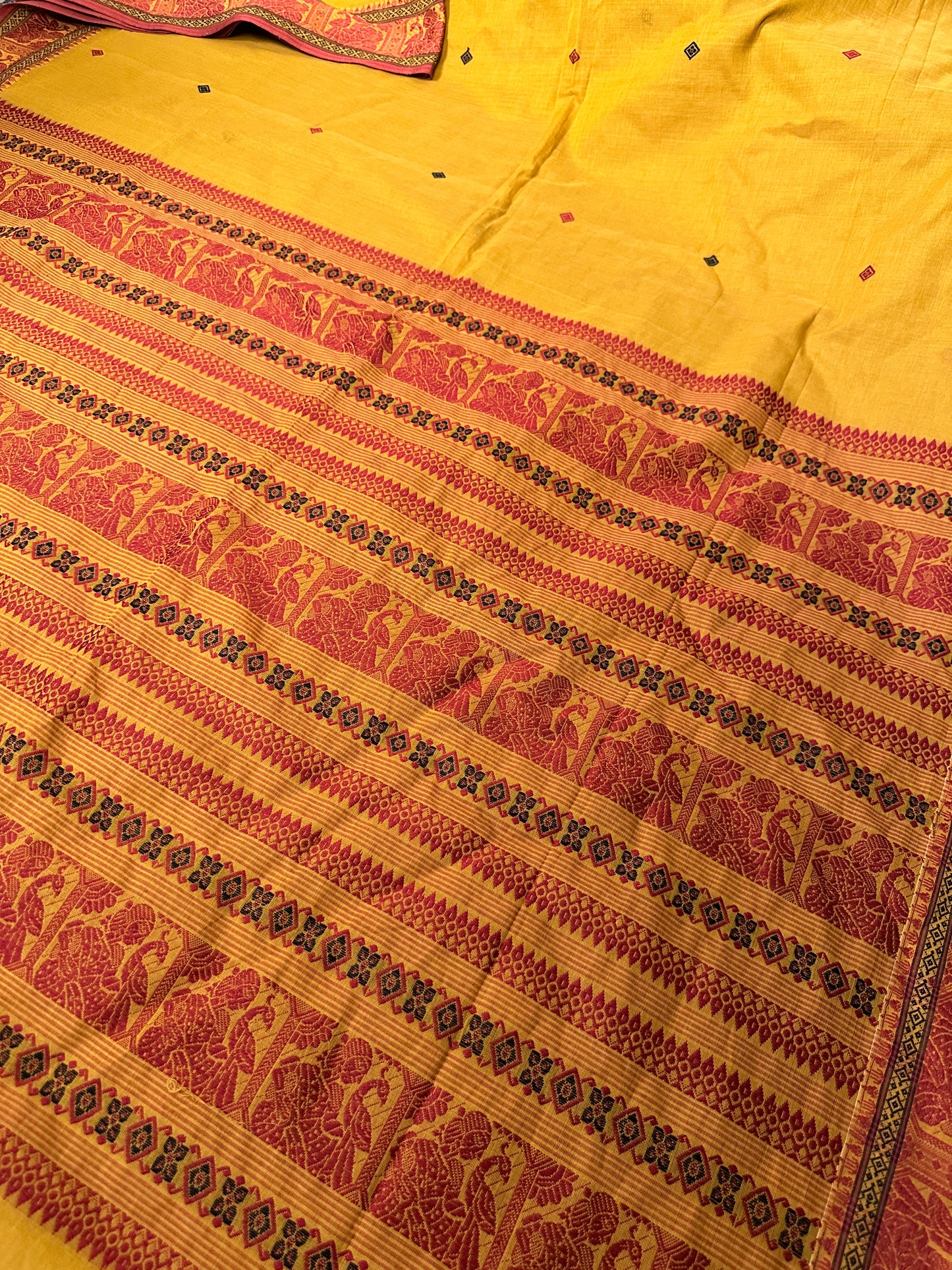 Mustard Pure Cotton Baluchari Saree with Red Weaving