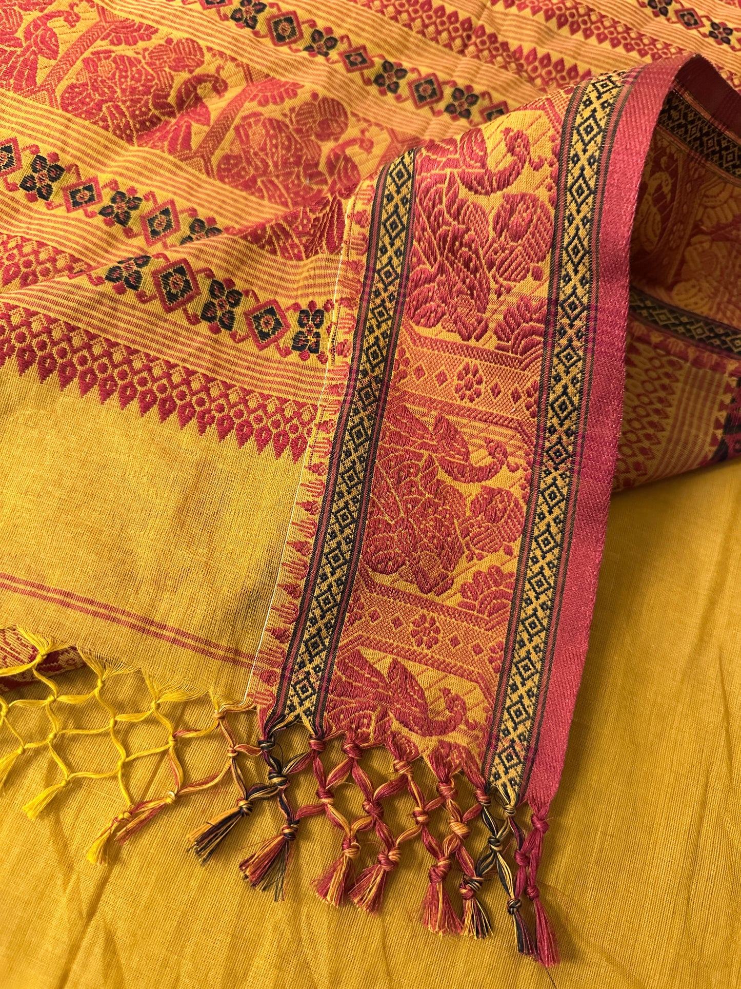 Mustard Pure Cotton Baluchari Saree with Red Weaving