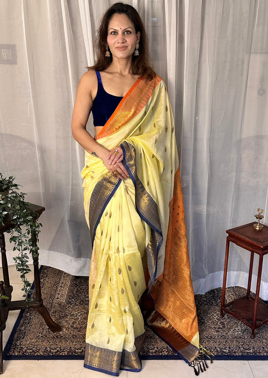 Pale Yellow Pure Katan Silk and Cotton Banarasi Sari with Zari Work