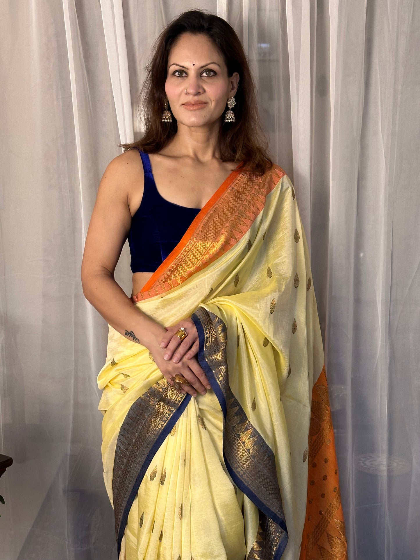 Pale Yellow Pure Katan Silk and Cotton Banarasi Sari with Zari Work