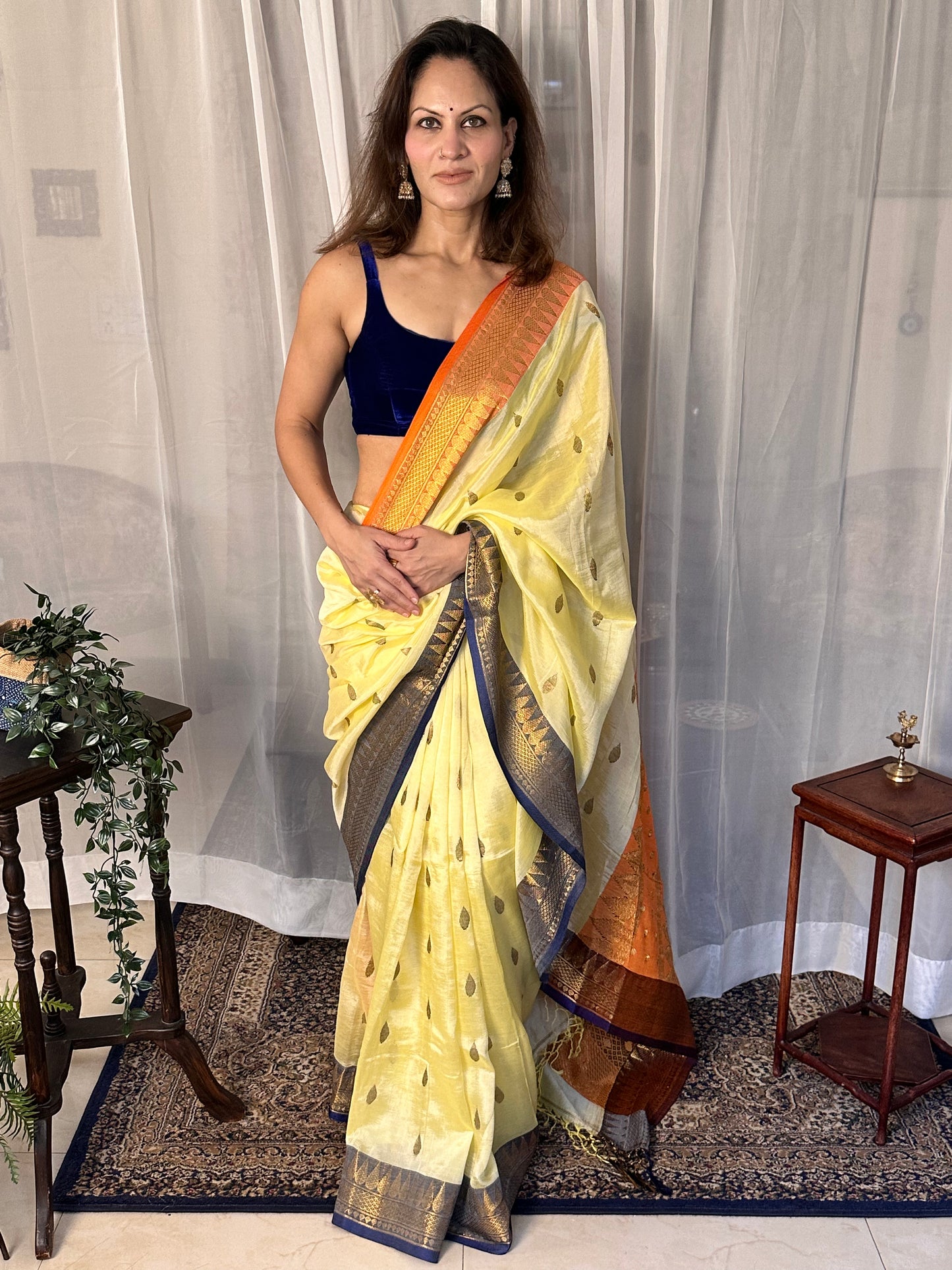 Pale Yellow Pure Katan Silk and Cotton Banarasi Sari with Zari Work