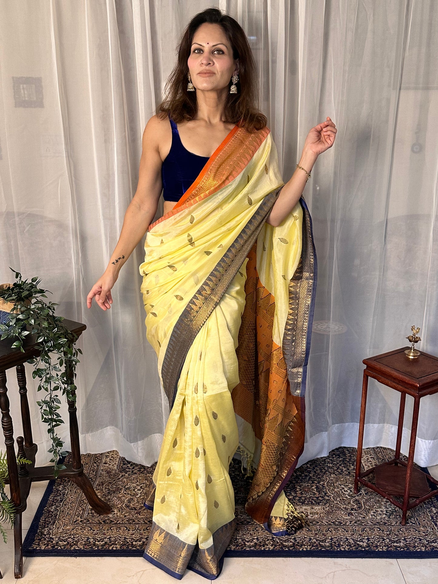 Pale Yellow Pure Katan Silk and Cotton Banarasi Sari with Zari Work