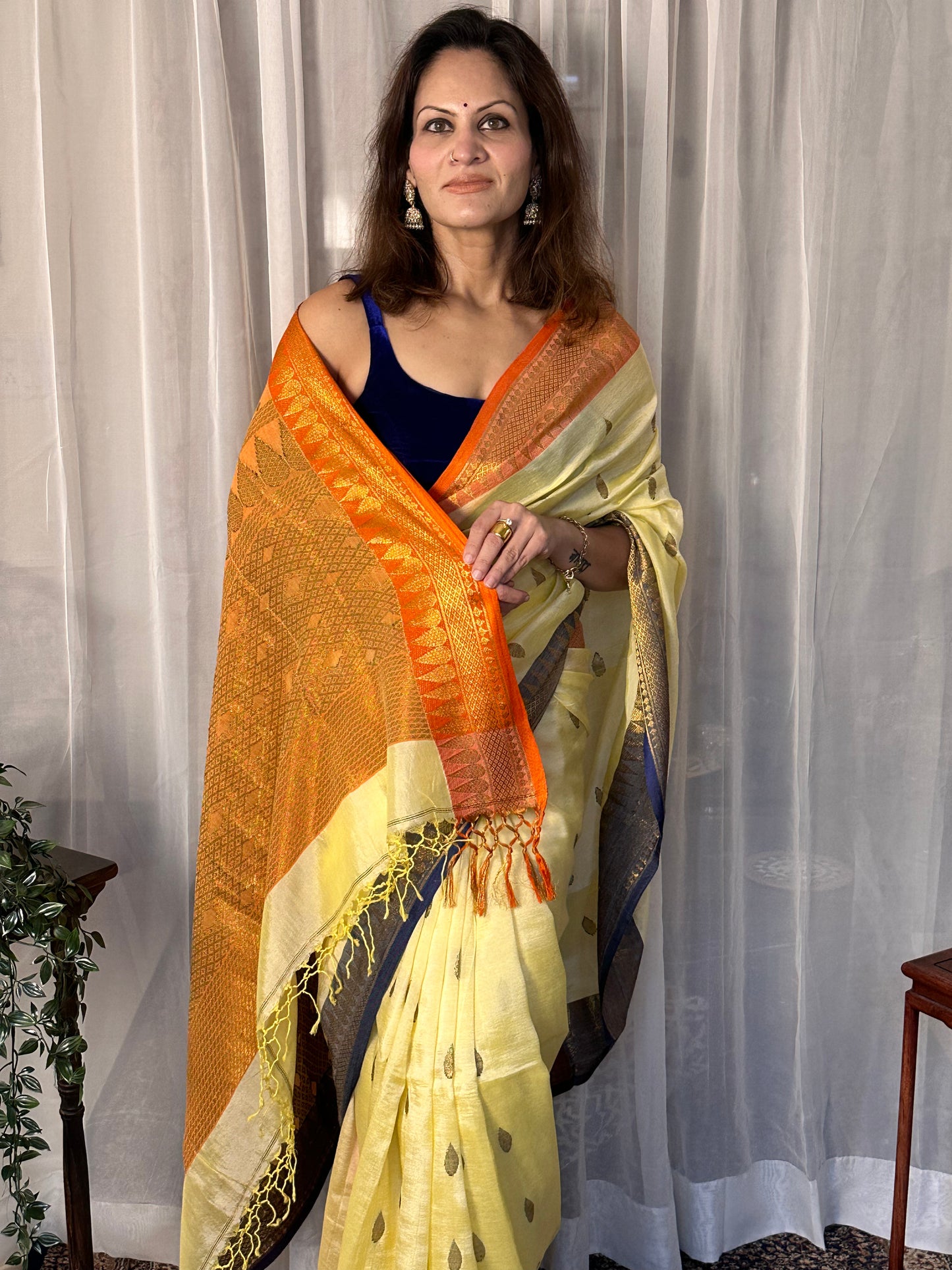 Pale Yellow Pure Katan Silk and Cotton Banarasi Sari with Zari Work