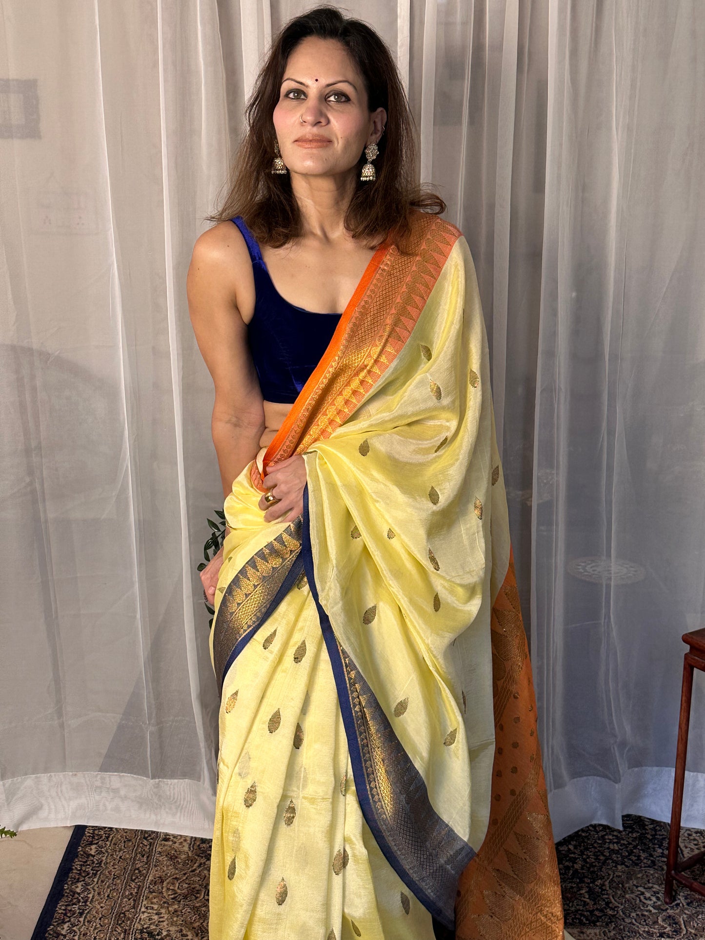 Pale Yellow Pure Katan Silk and Cotton Banarasi Sari with Zari Work