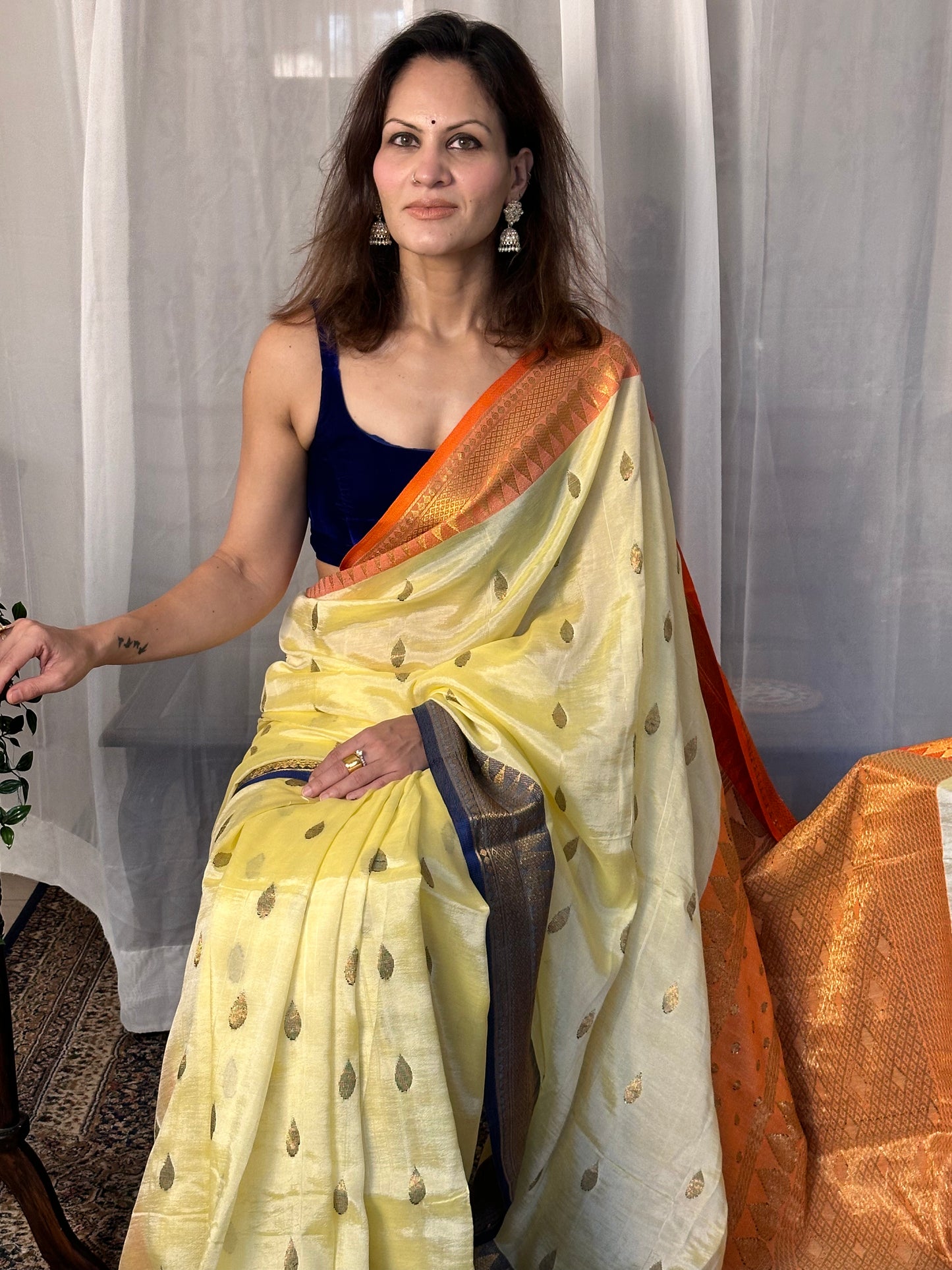 Pale Yellow Pure Katan Silk and Cotton Banarasi Sari with Zari Work