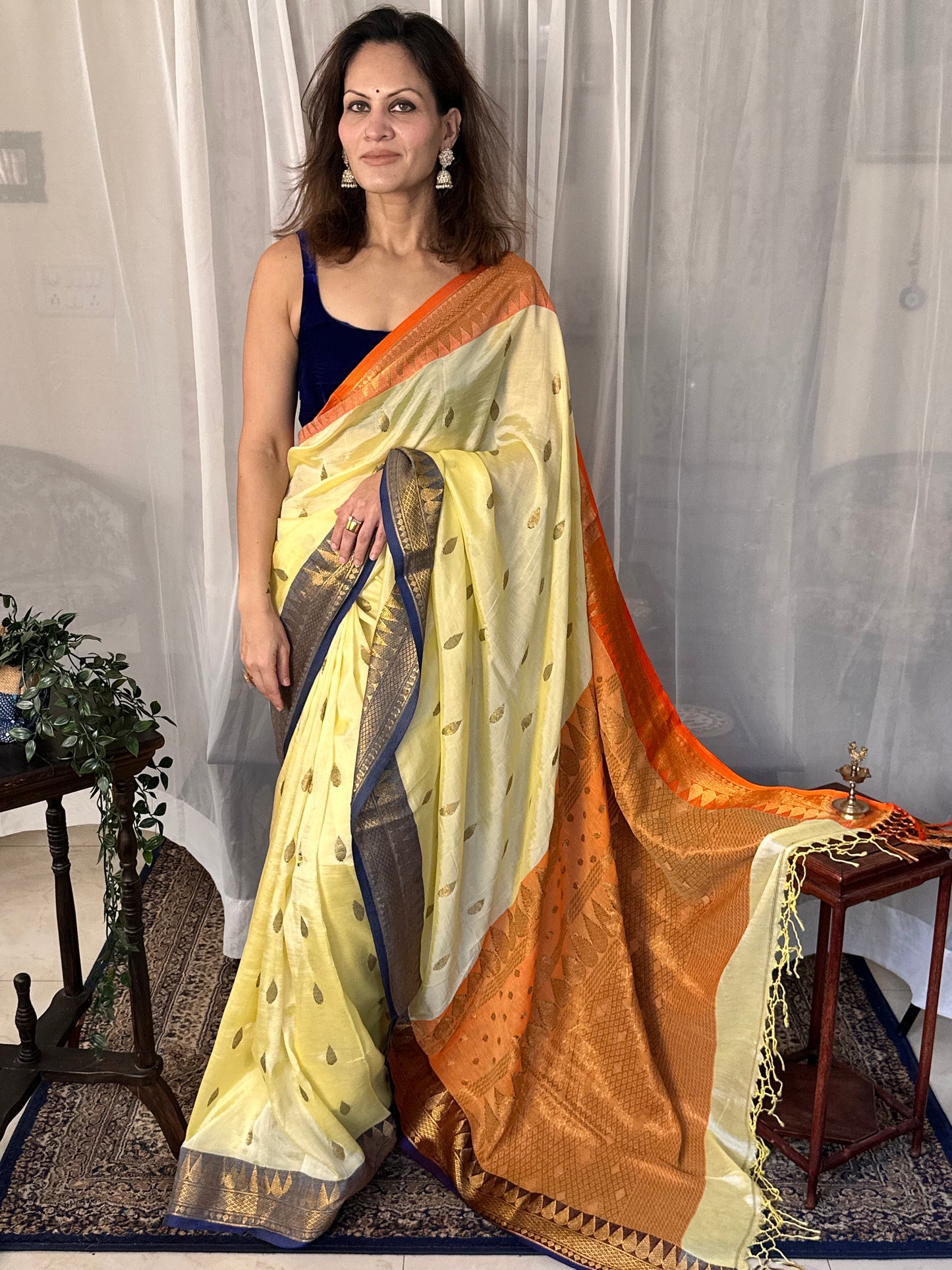 Pale Yellow Pure Katan Silk and Cotton Banarasi Sari with Zari Work