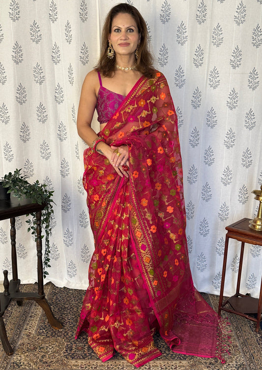 Pink & Orange Pure Muslin Silk Handloom Jamdani Sari