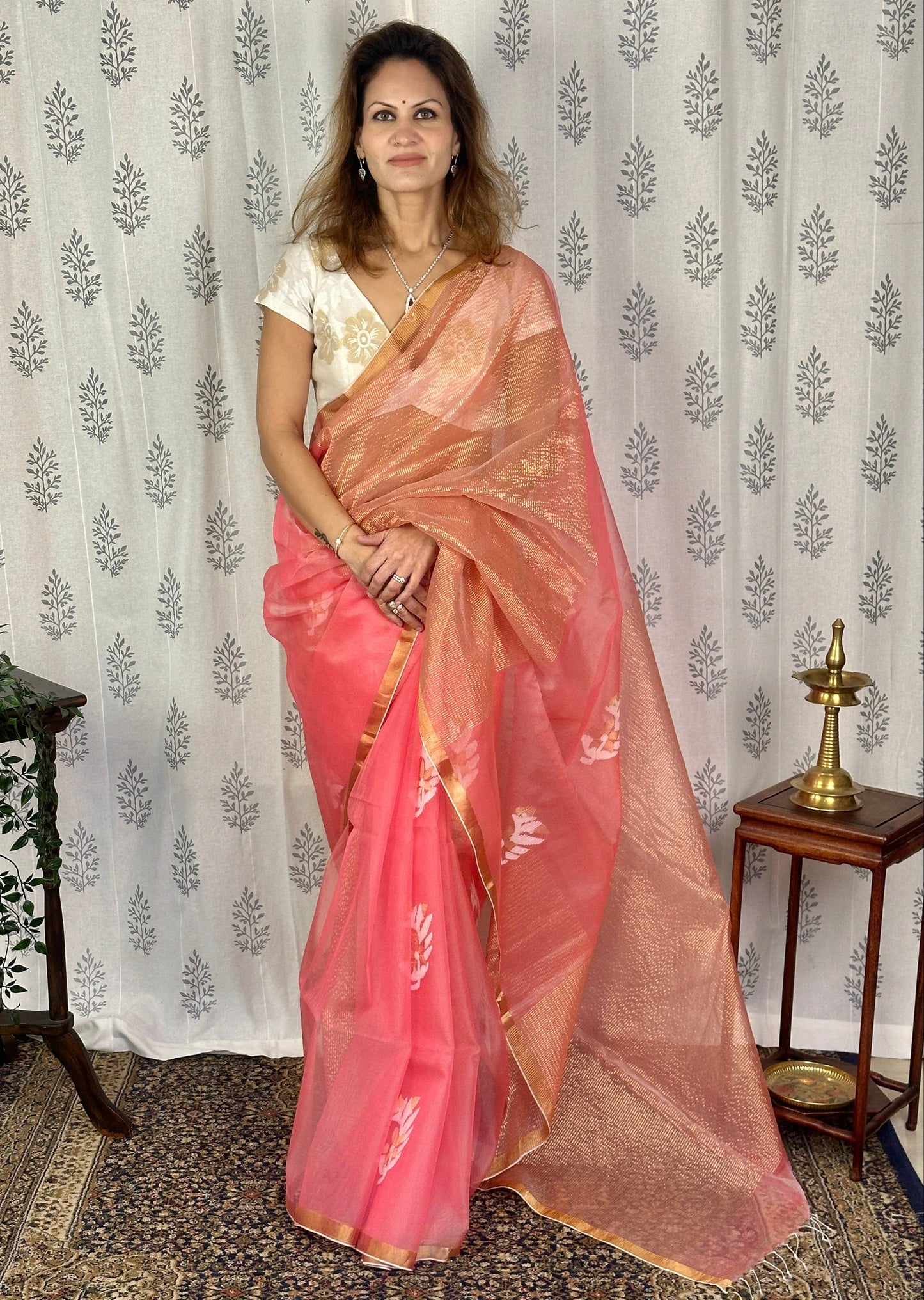 Peach Pure Muslin Silk Handloom Jamdani Saree with Zari Work