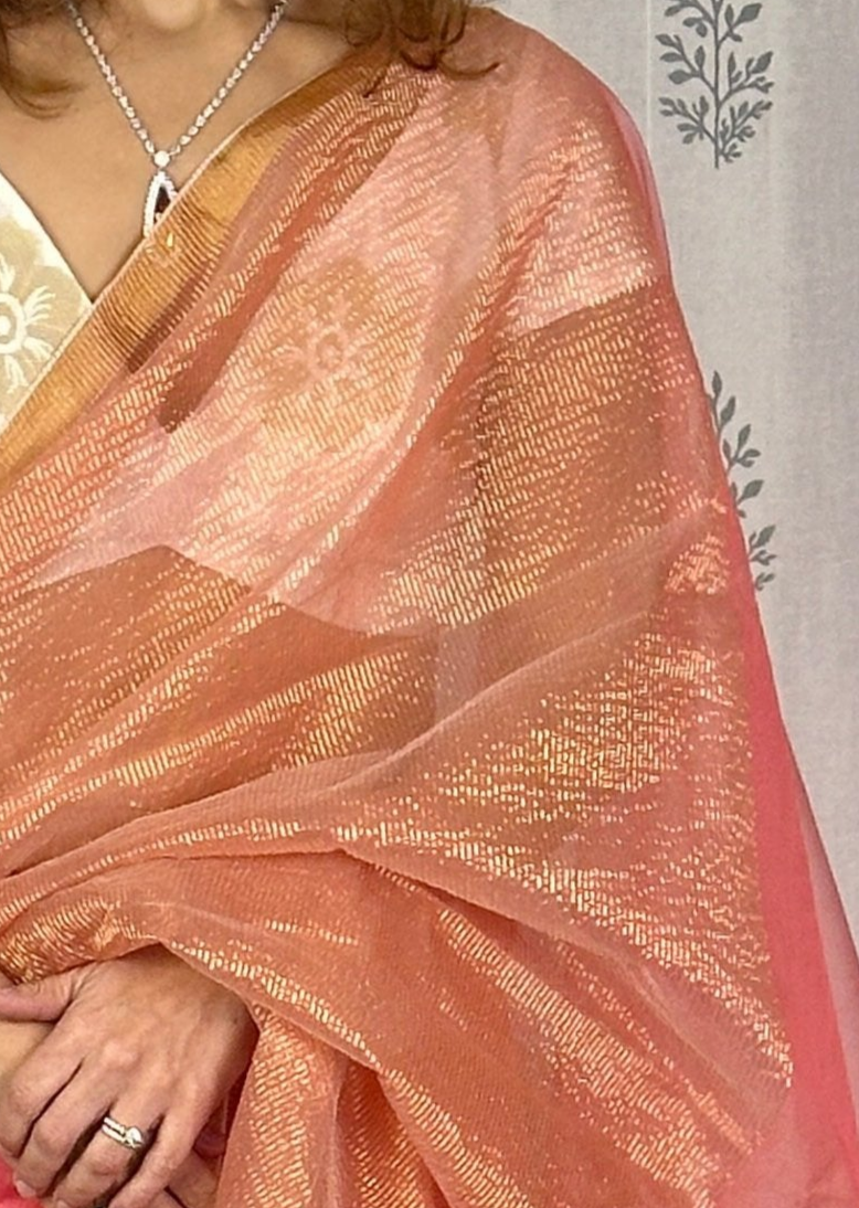 Peach Pure Muslin Silk Handloom Jamdani Saree with Zari Work