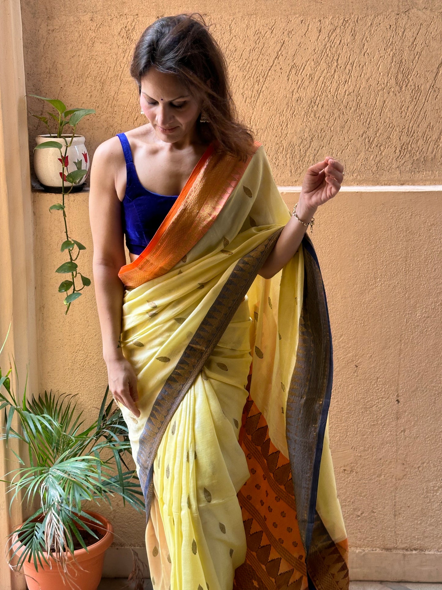 Pale Yellow Pure Katan Silk and Cotton Banarasi Sari with Zari Work