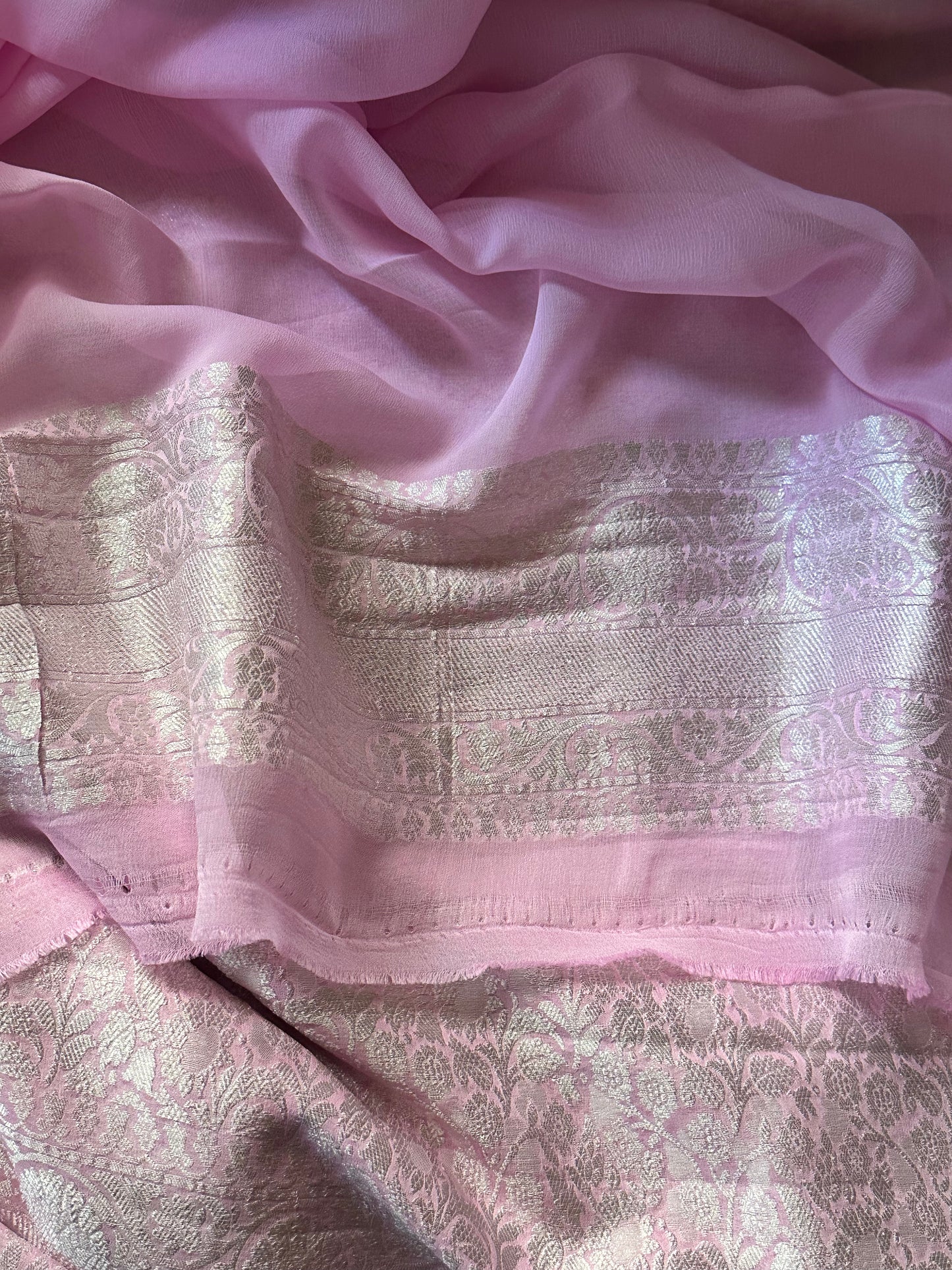 Pink Pure Banarasi Khaddi Georgette Sari with Silver Zari