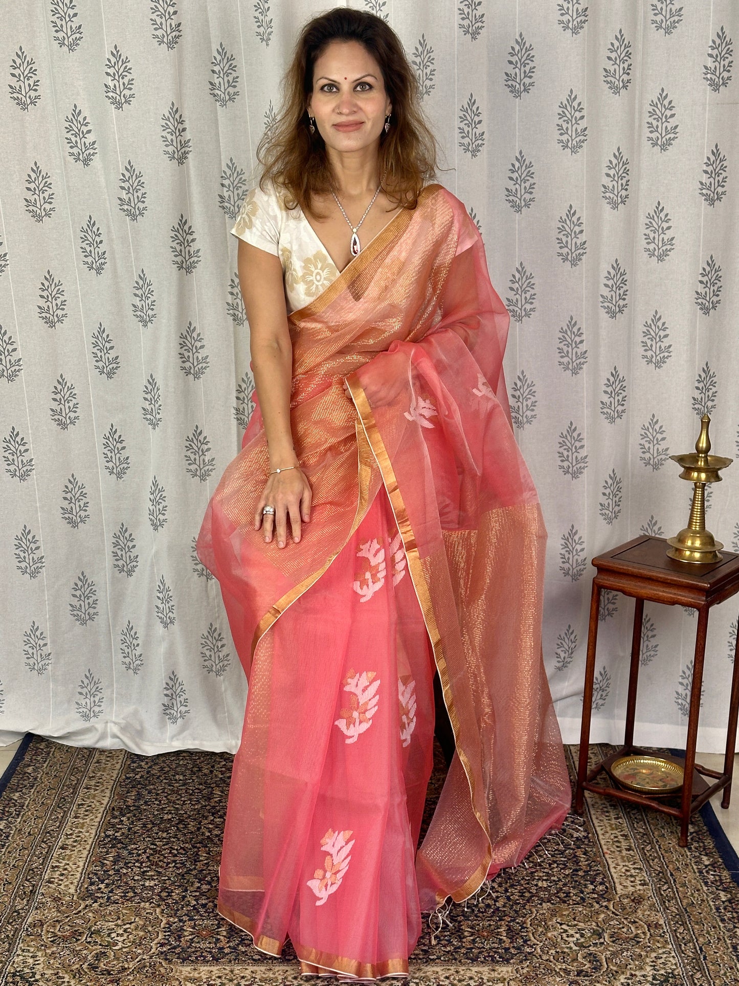 Peach Pure Muslin Silk Handloom Jamdani Saree with Zari Work