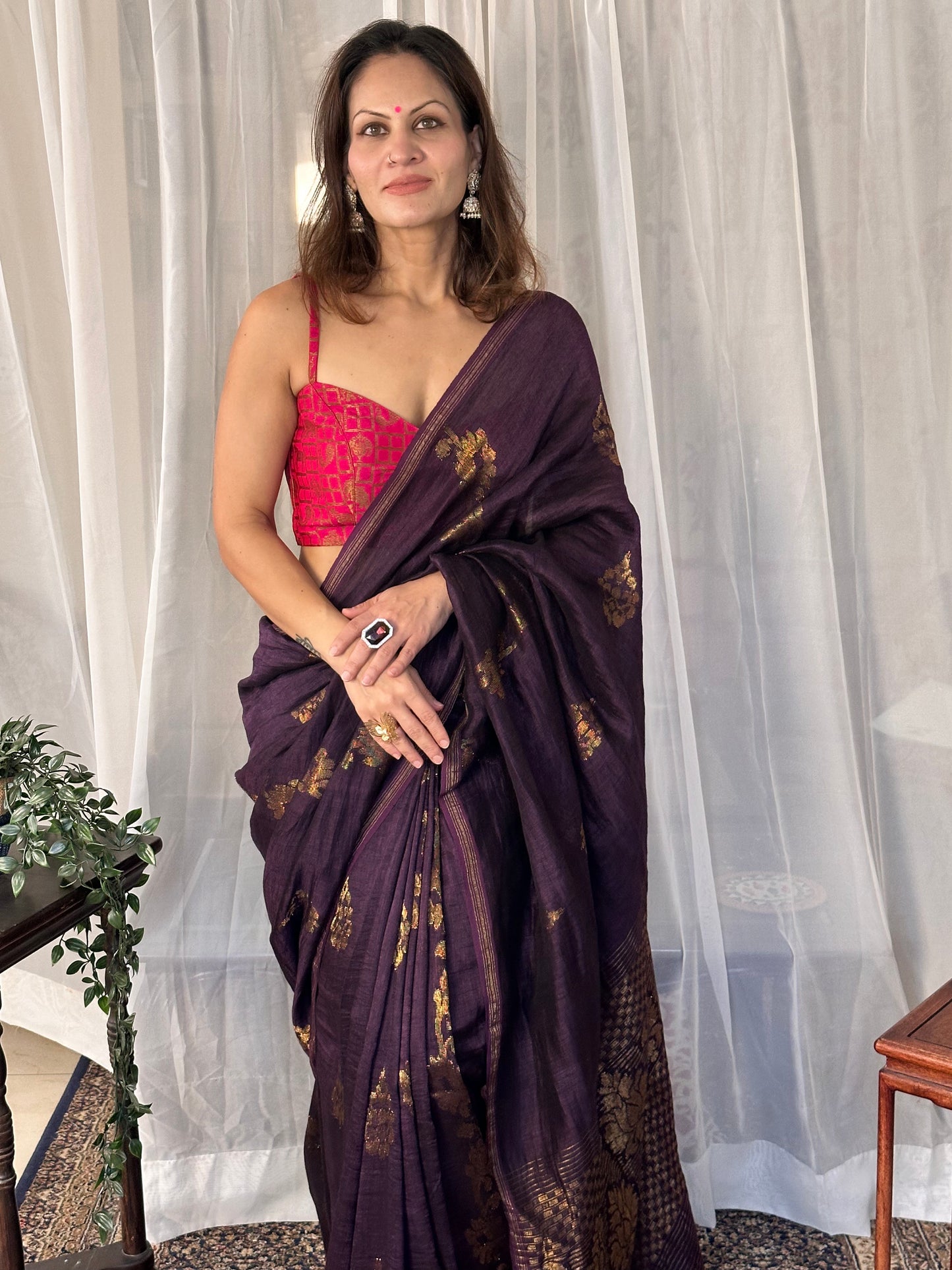 Purple Pure Linen Cotton Jamdani Sari with Zari Work