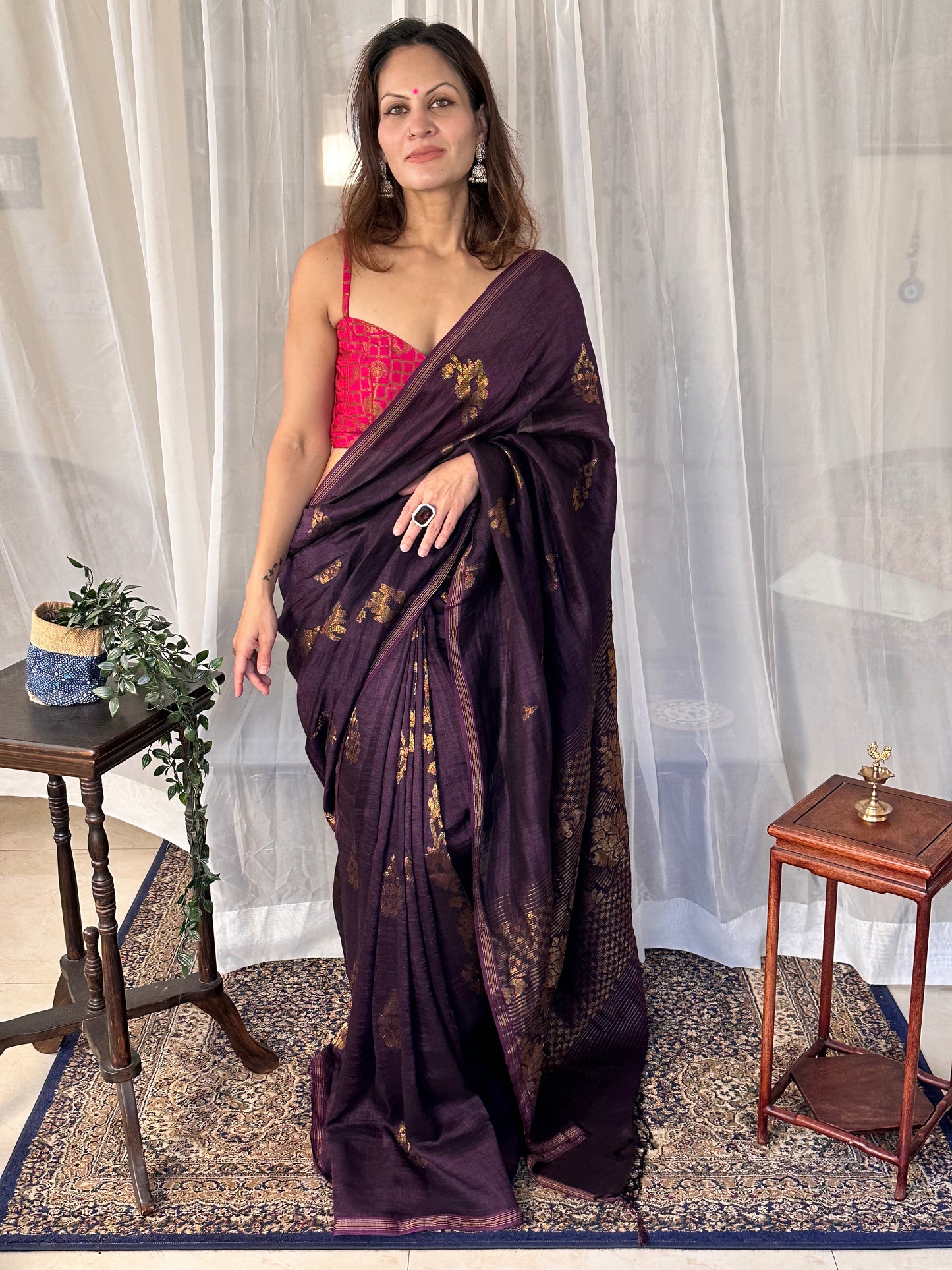 Purple Pure Linen Cotton Jamdani Sari with Zari Work