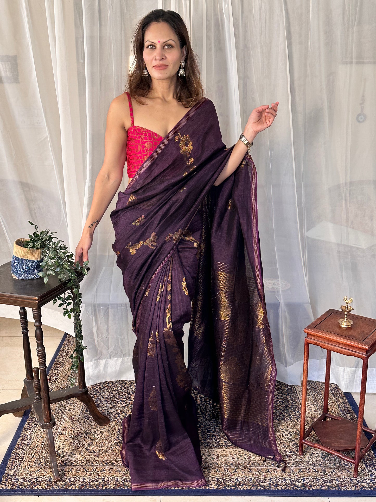 Purple Pure Linen Cotton Jamdani Sari with Zari Work