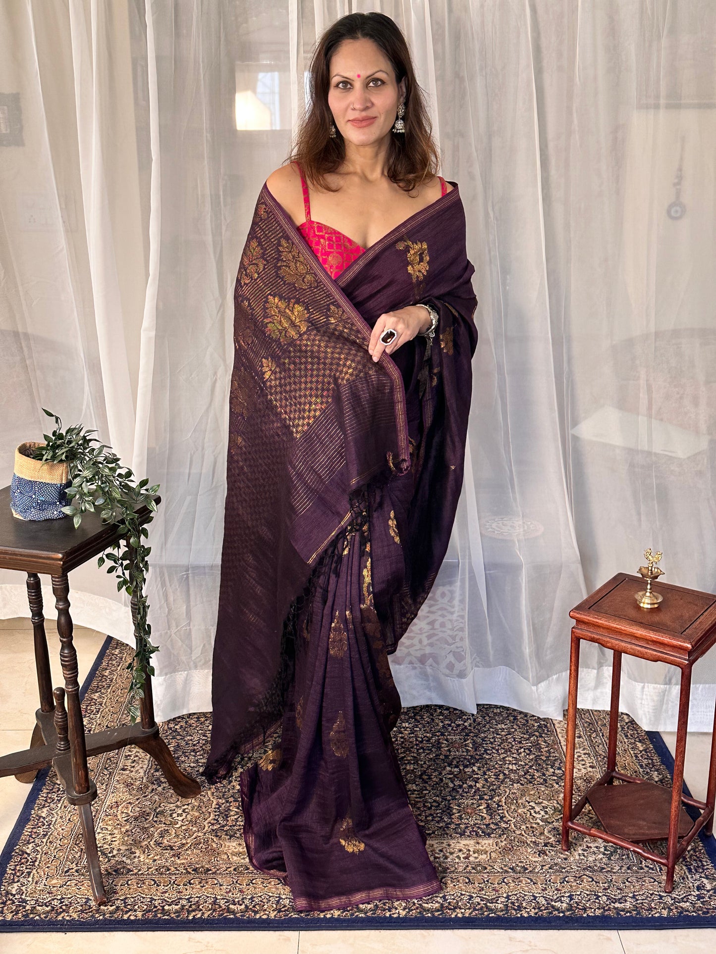 Purple Pure Linen Cotton Jamdani Sari with Zari Work