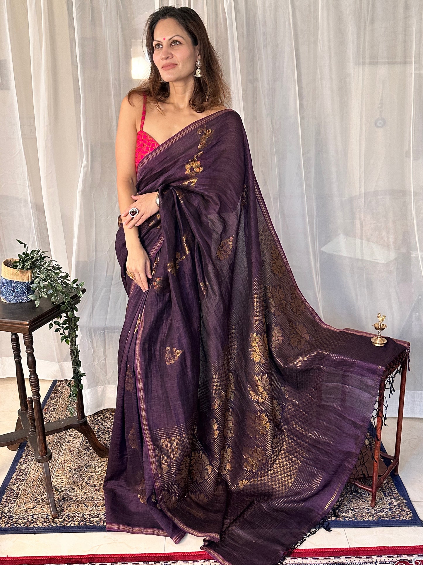 Purple Pure Linen Cotton Jamdani Sari with Zari Work