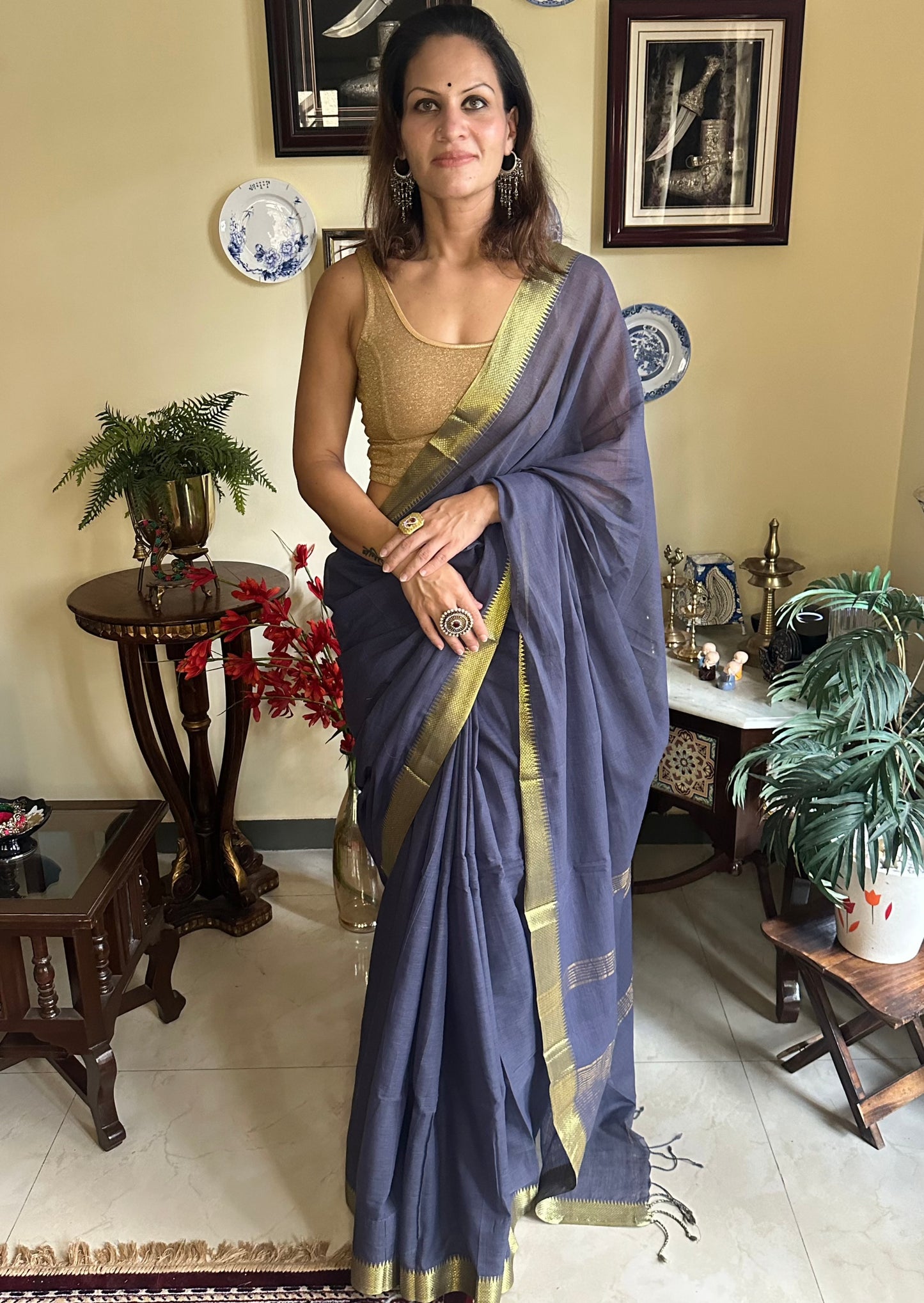 Hand spun Organic Cotton with Zari Woven border - Raahini