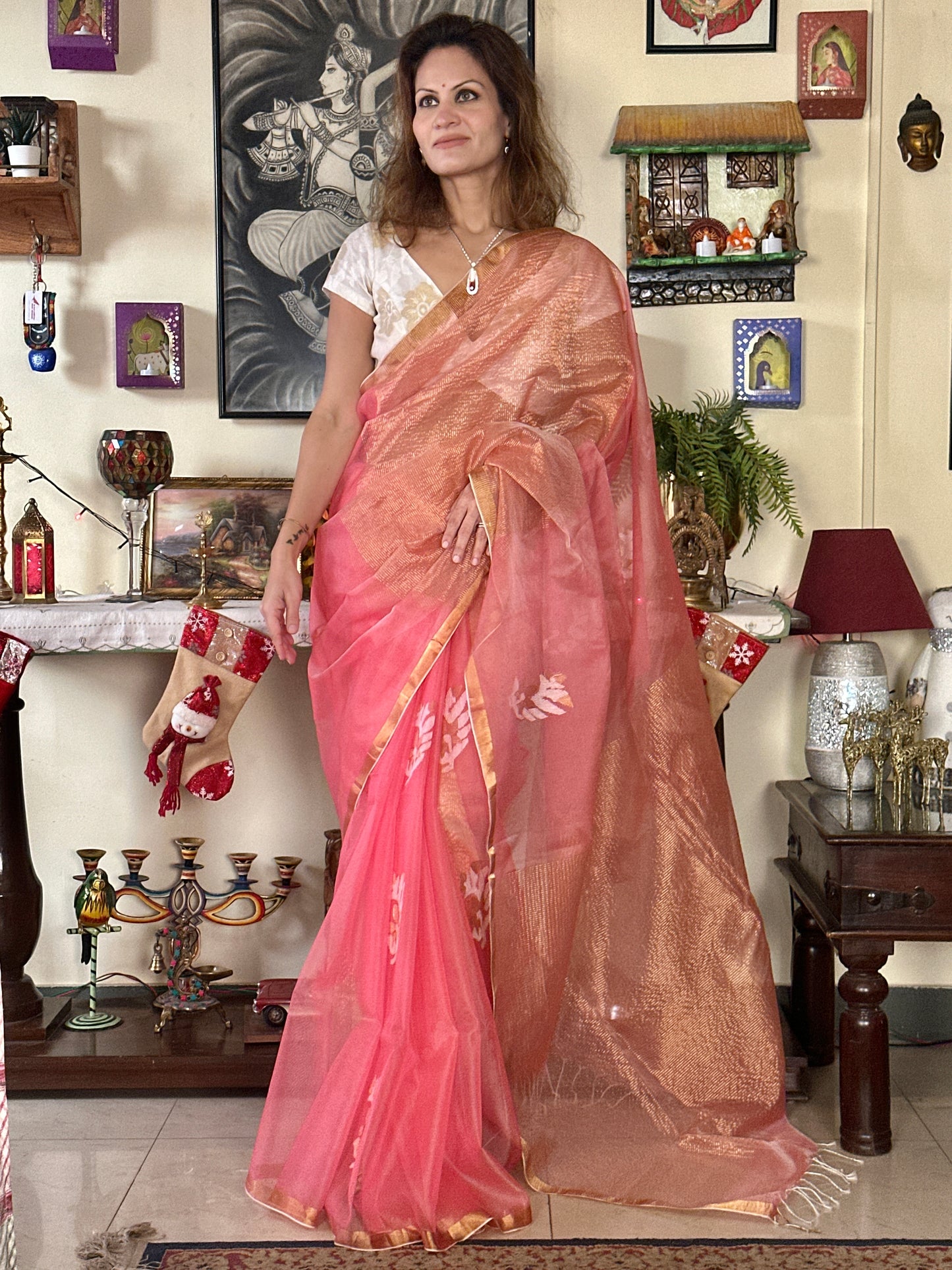 Peach Pure Muslin Silk Handloom Jamdani Saree with Zari Work