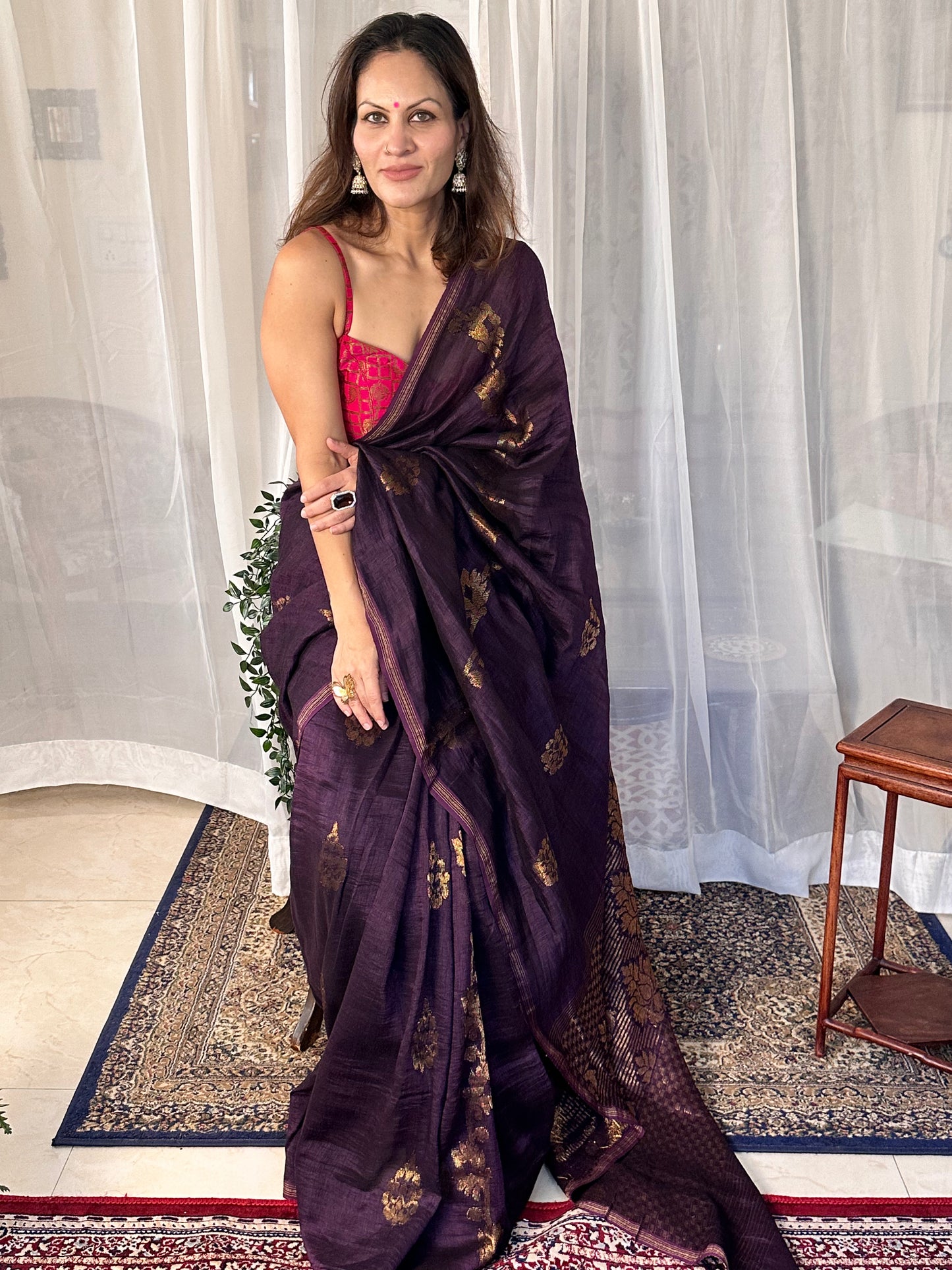 Purple Pure Linen Cotton Jamdani Sari with Zari Work