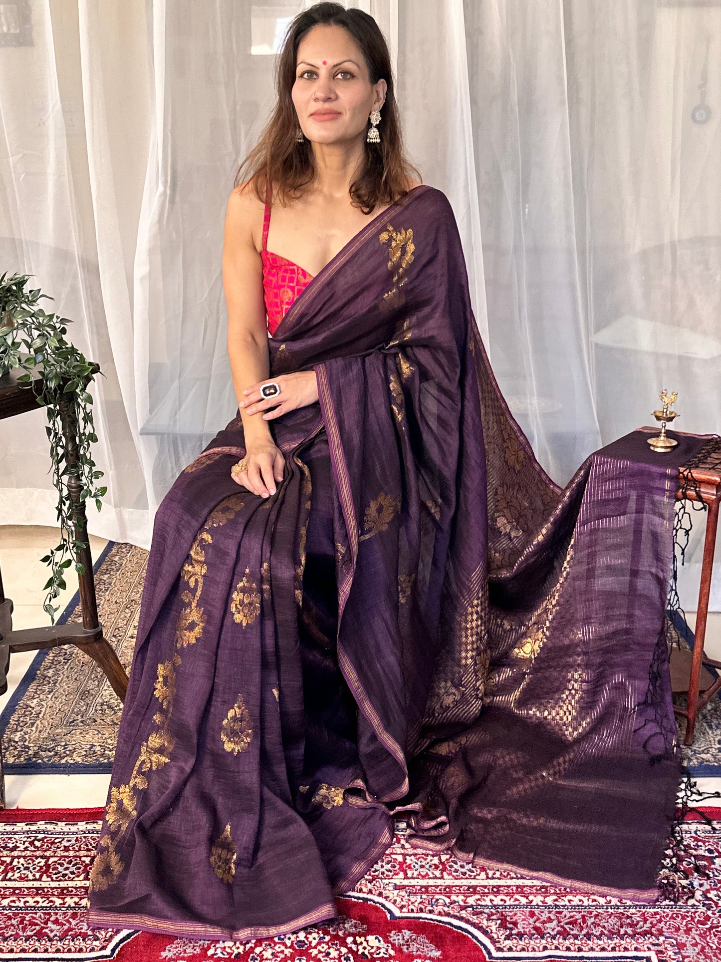 Purple Pure Linen Cotton Jamdani Sari with Zari Work