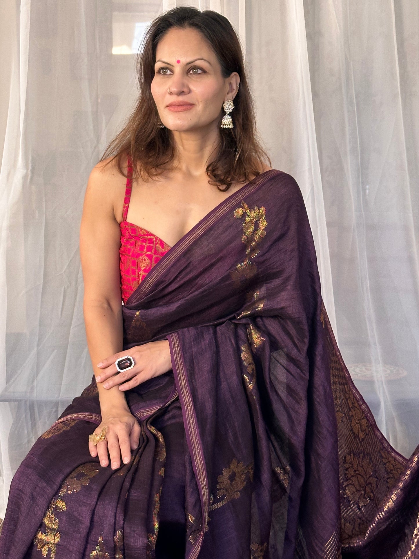 Purple Pure Linen Cotton Jamdani Sari with Zari Work