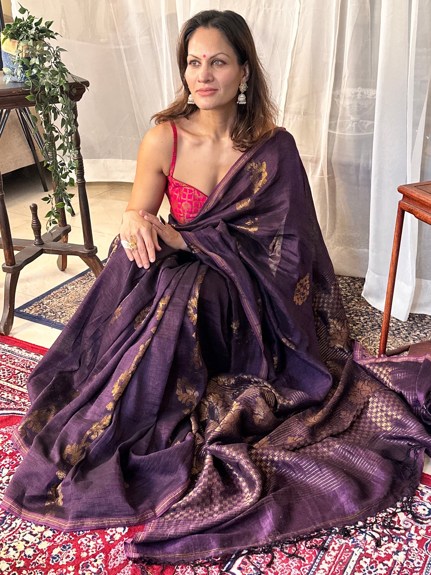 Purple Pure Linen Cotton Jamdani Sari with Zari Work