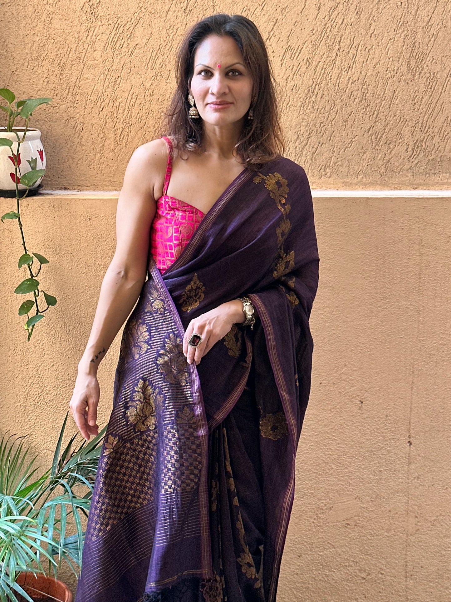 Purple Pure Linen Cotton Jamdani Sari with Zari Work