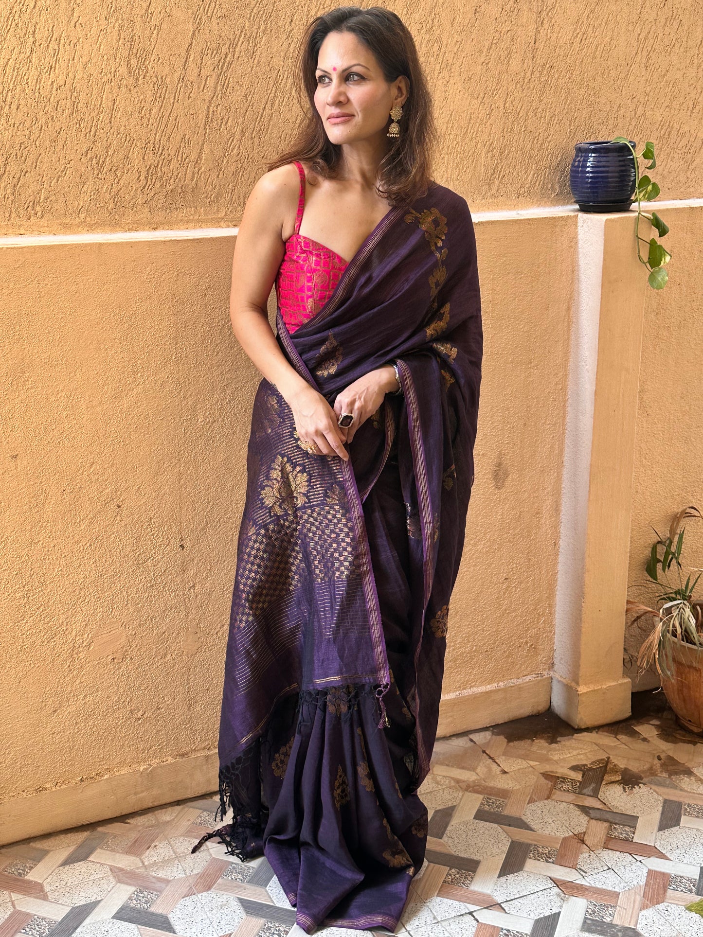 Purple Pure Linen Cotton Jamdani Sari with Zari Work