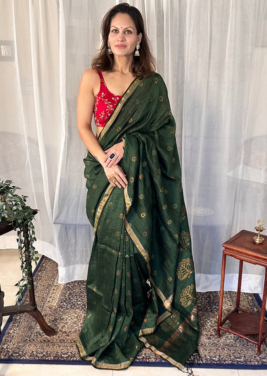 Green Pure Linen Cotton Jamdani Sari with Zari Work