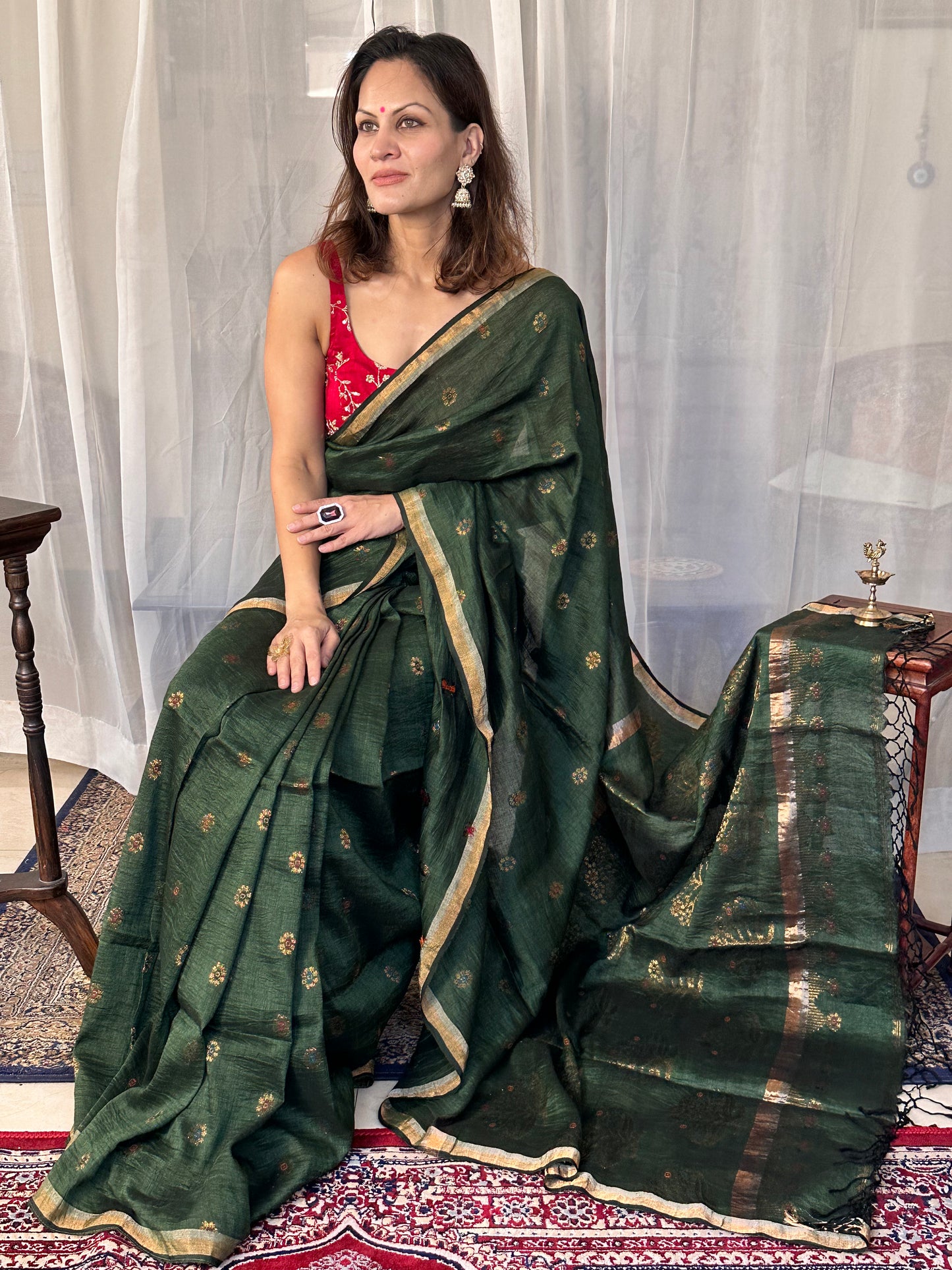 Green Pure Linen Cotton Jamdani Sari with Zari Work