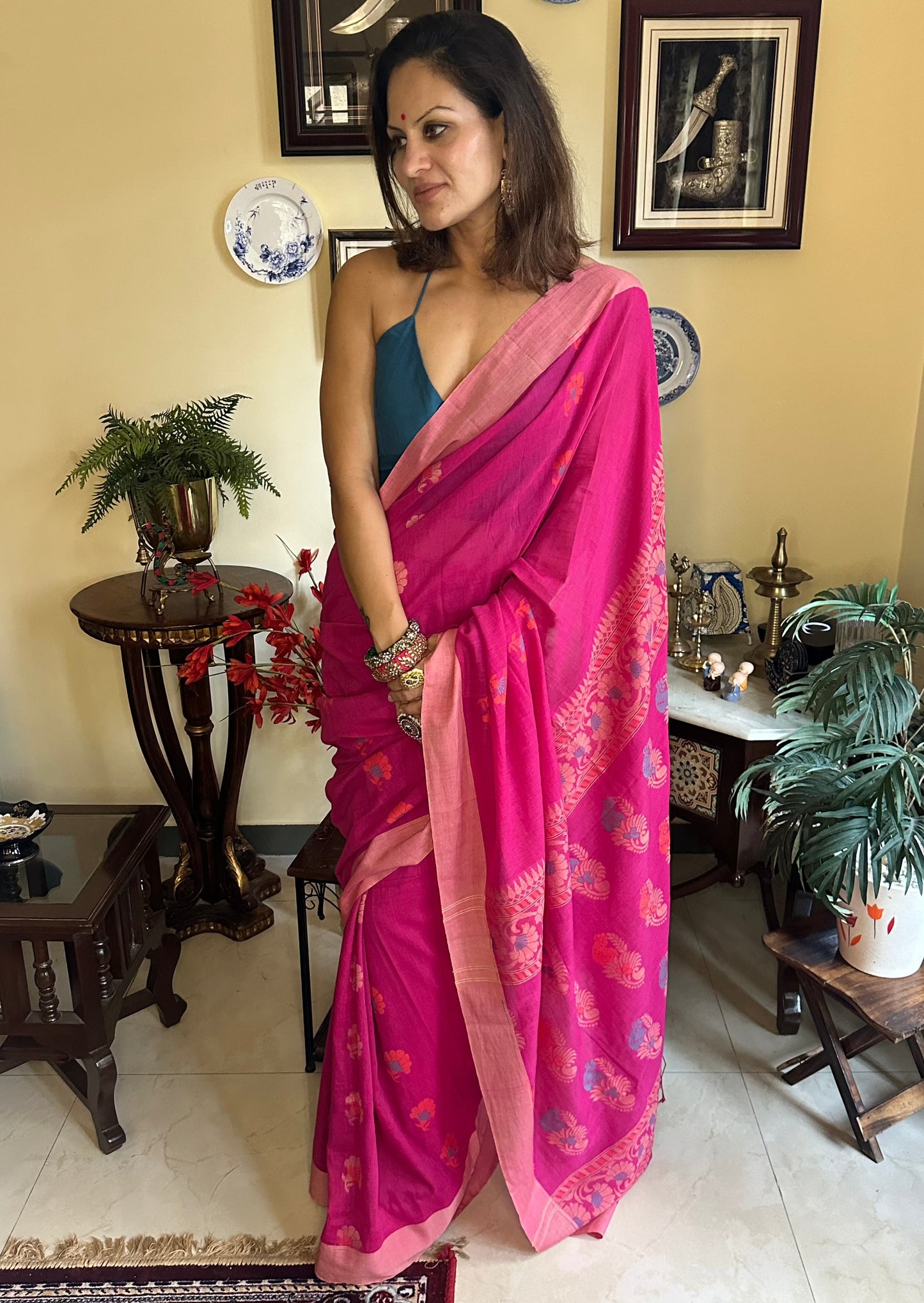 Pure Cotton Handloom Super Soft Jamdani with Woven Motifs - Raahini