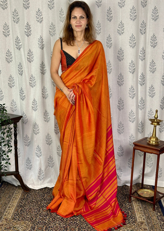 Orange Cotton and Wool Blend Sari