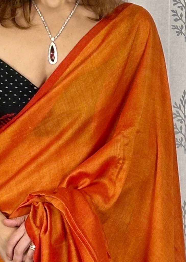 Orange Cotton and Wool Blend Sari