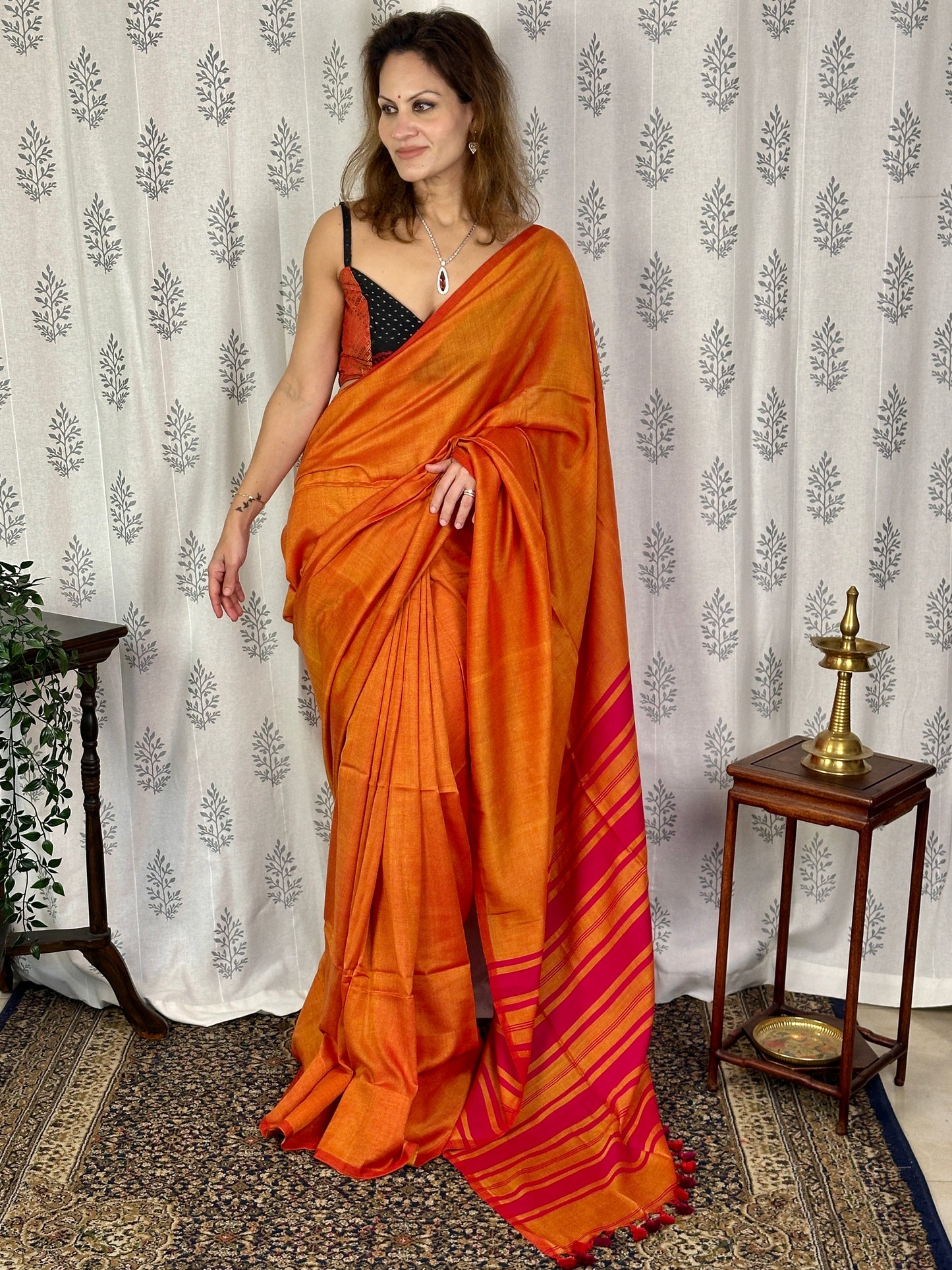 Orange Cotton and Wool Blend Sari