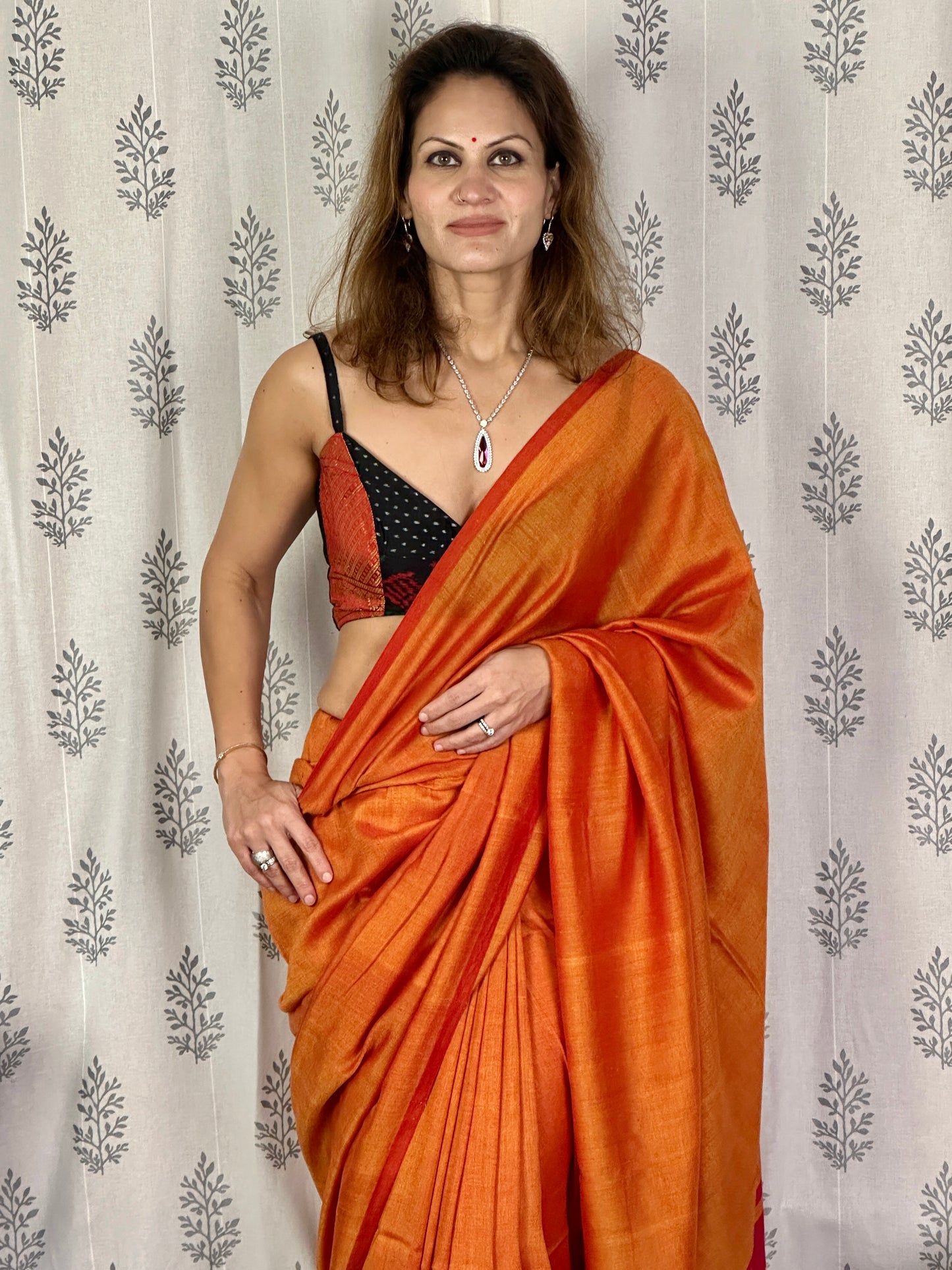 Orange Cotton and Wool Blend Sari