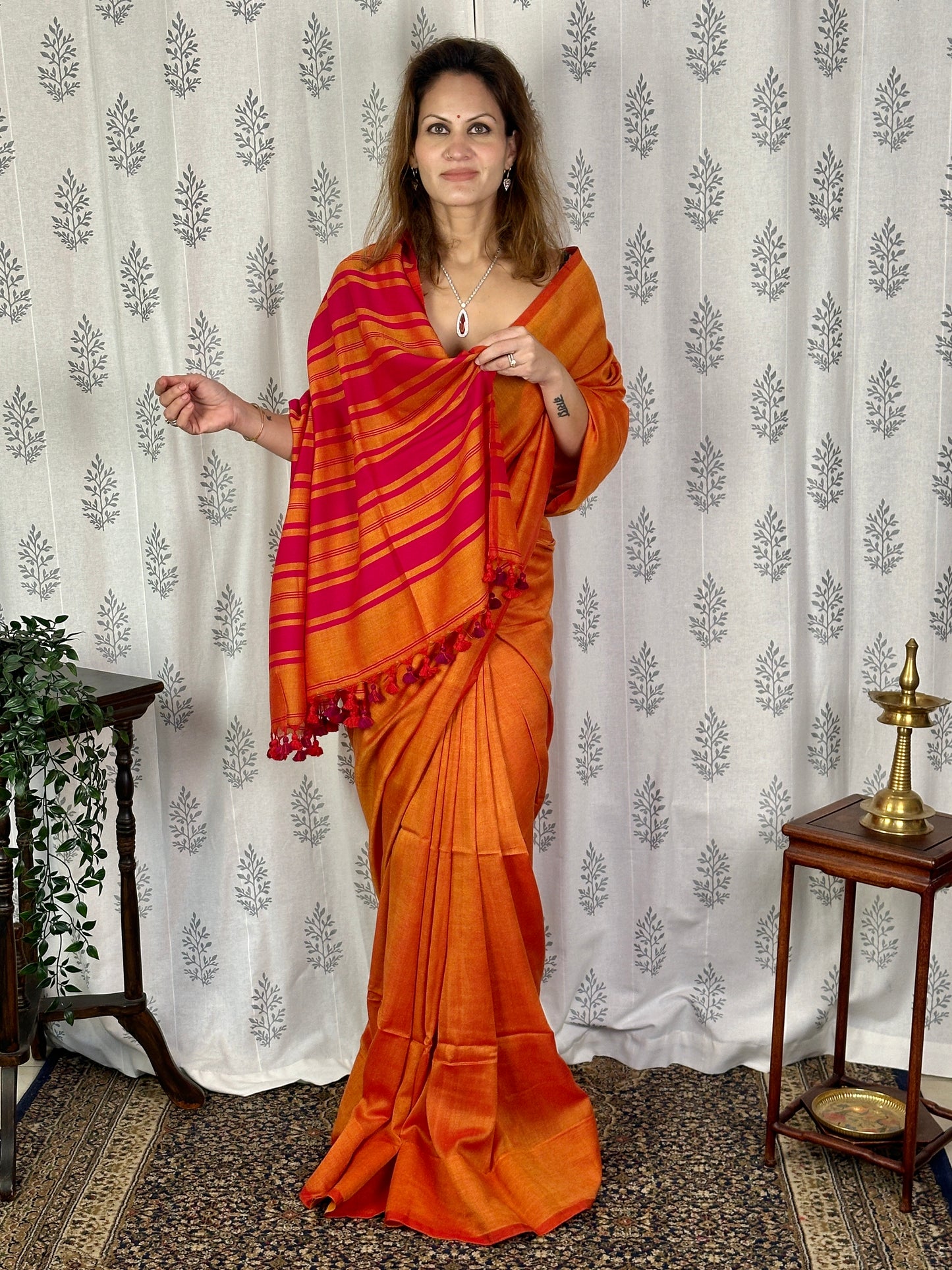 Orange Cotton and Wool Blend Sari