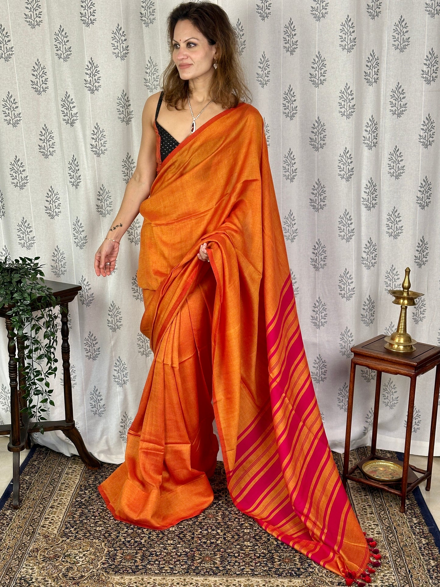 Orange Cotton and Wool Blend Sari