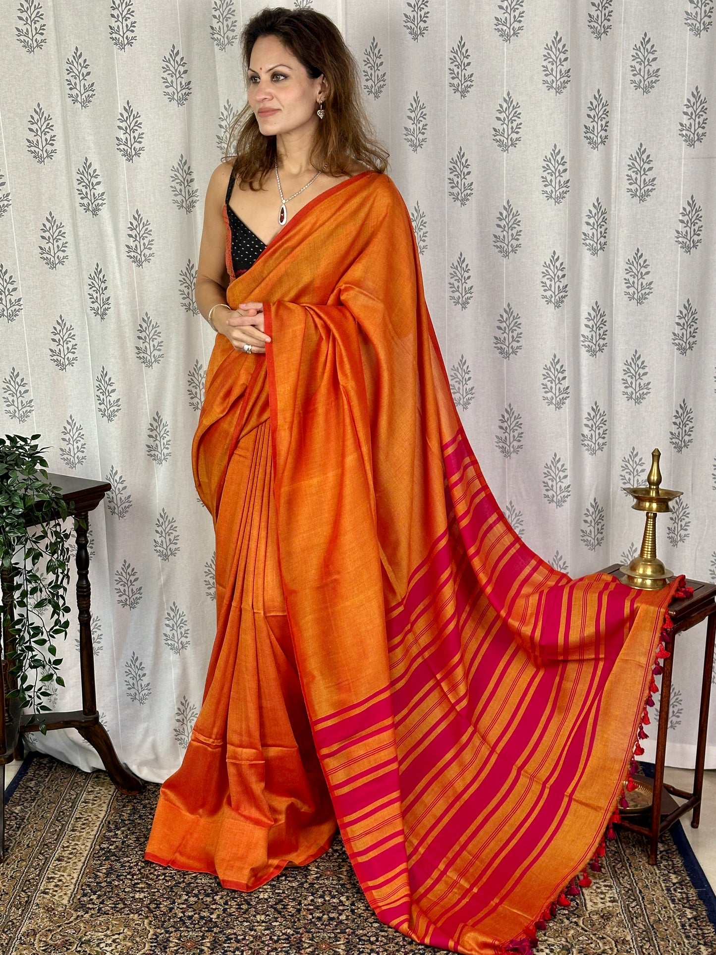 Orange Cotton and Wool Blend Sari